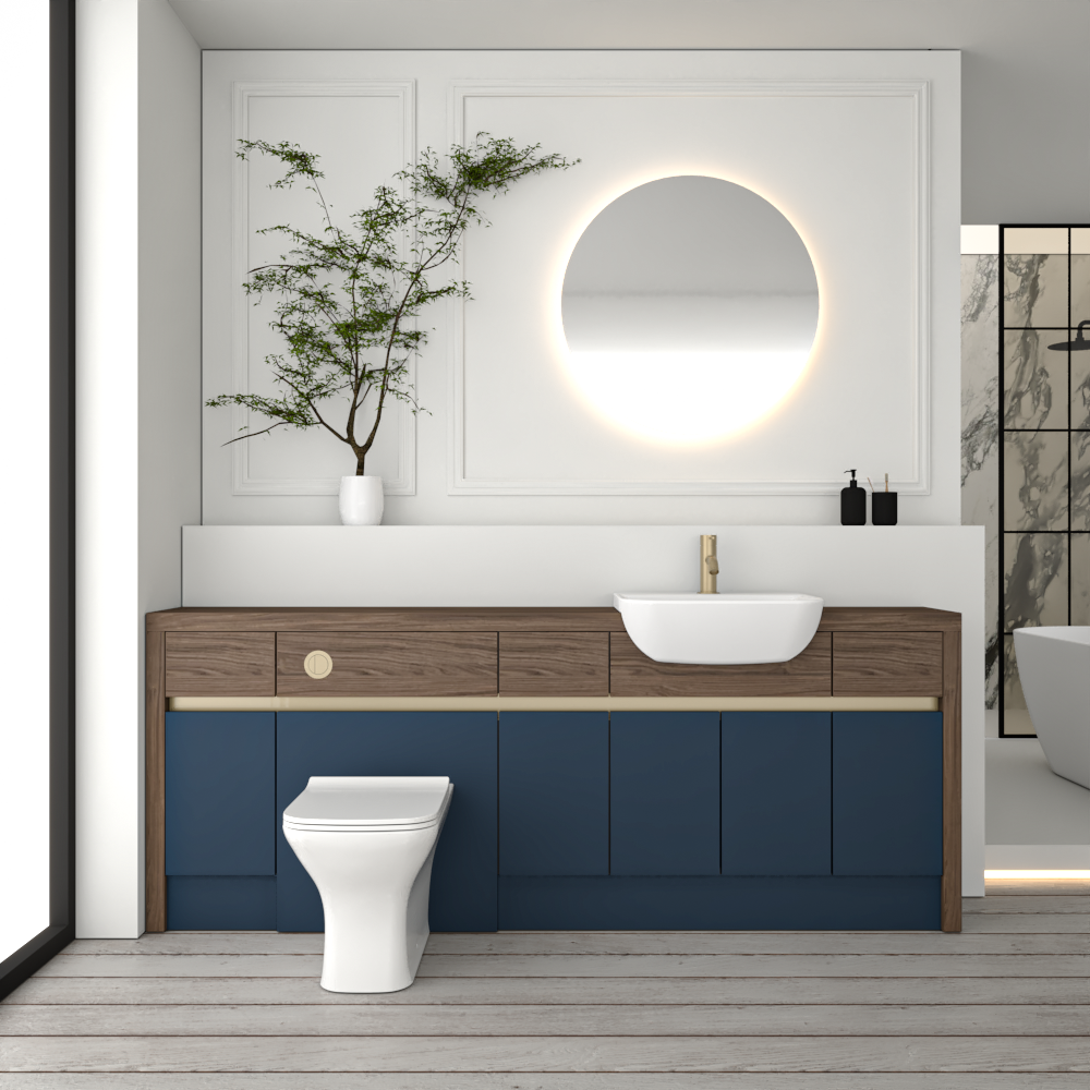 SEVI NORDIC CHESTNUT / ALBY BLUE MATT BASE UNITS BATHROOM FITTED FURNITURE