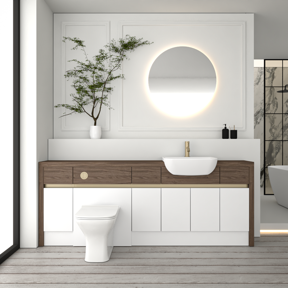 SEVI NORDIC CHESTNUT / WHITE MATT BASE UNITS BATHROOM FITTED FURNITURE