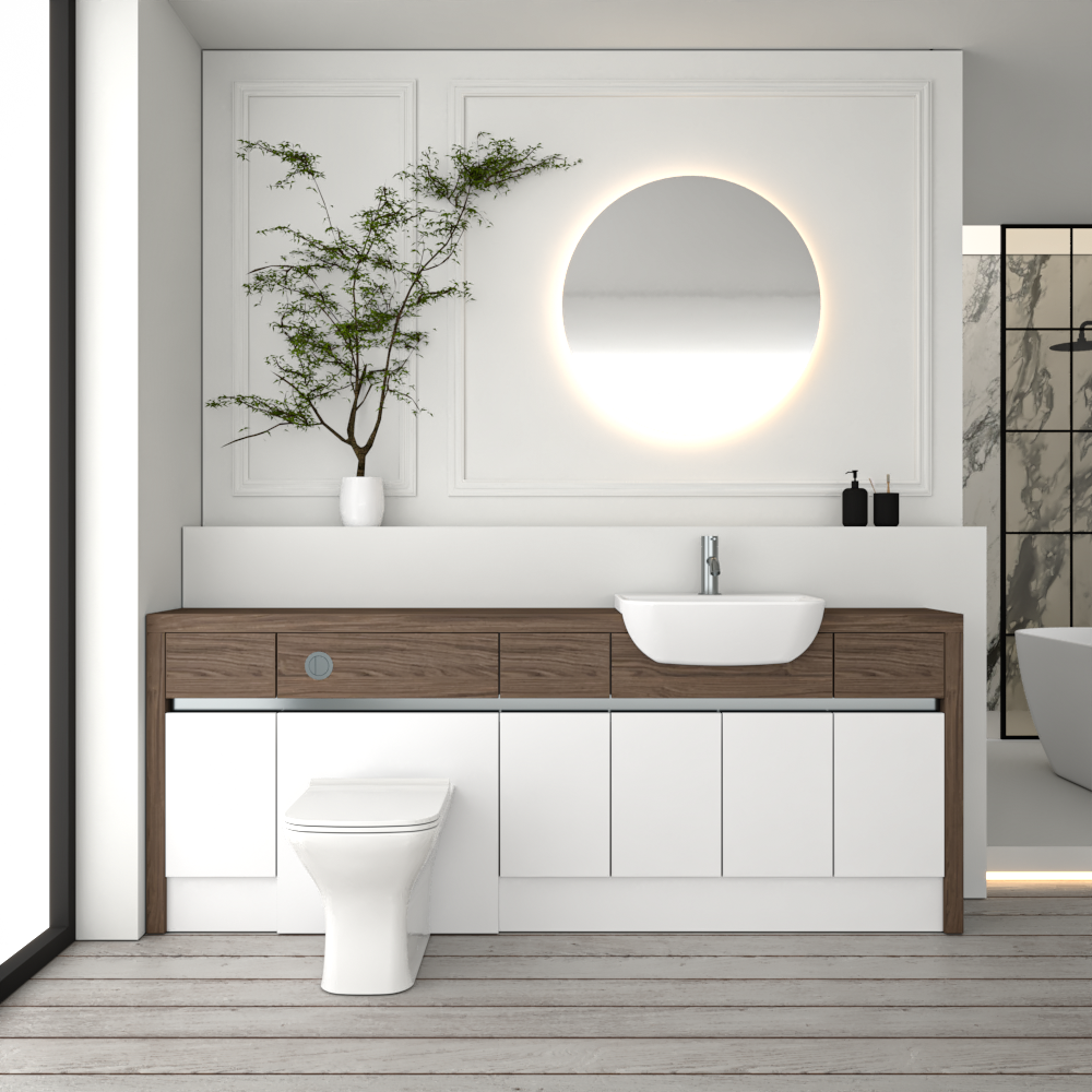 SEVI NORDIC CHESTNUT / WHITE MATT BASE UNITS BATHROOM FITTED FURNITURE
