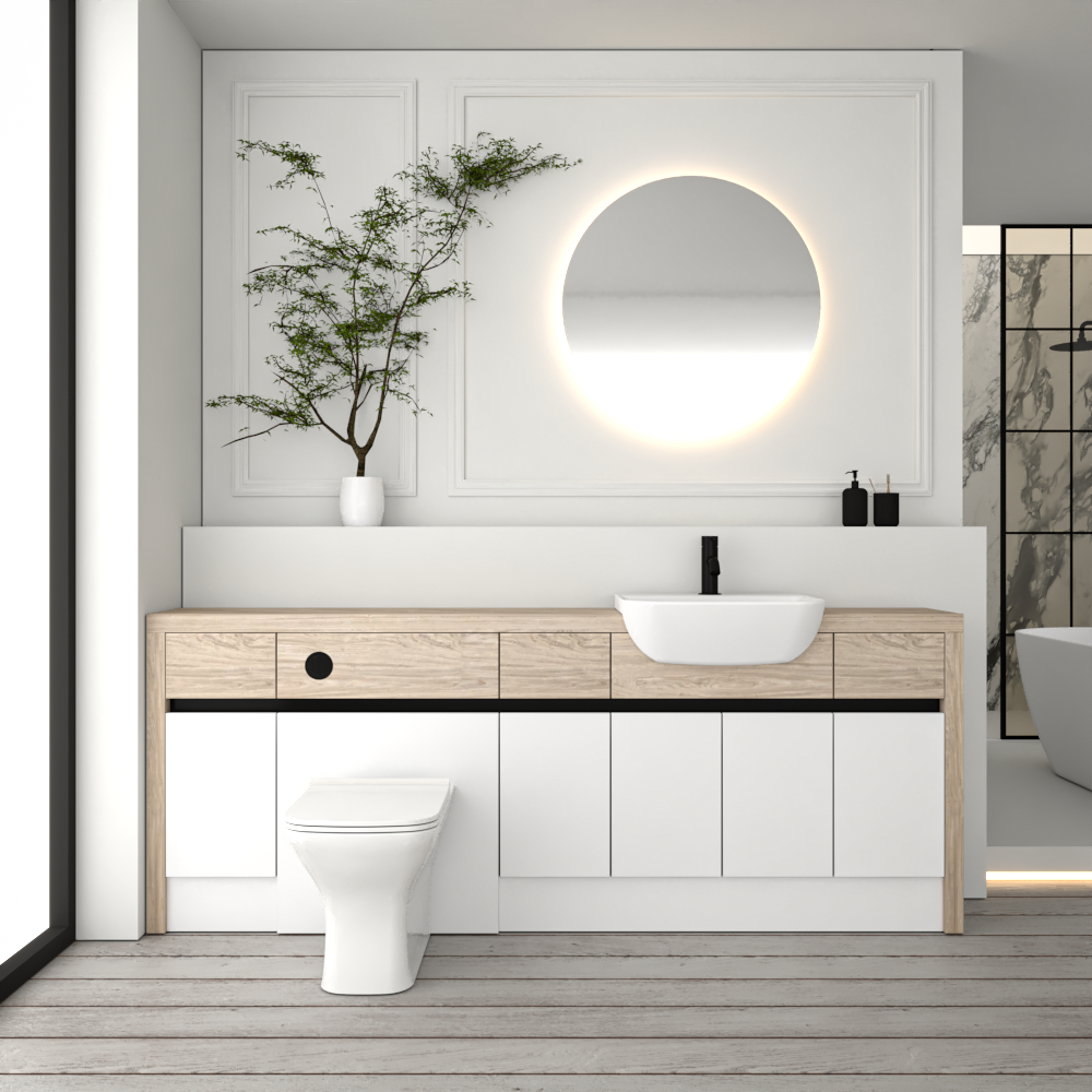 SEVI NORDIC OAK / WHITE MATT BASE UNITS BATHROOM FITTED FURNITURE
