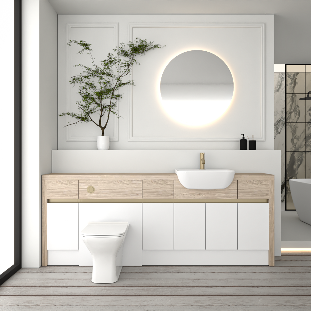 SEVI NORDIC OAK / WHITE MATT BASE UNITS BATHROOM FITTED FURNITURE