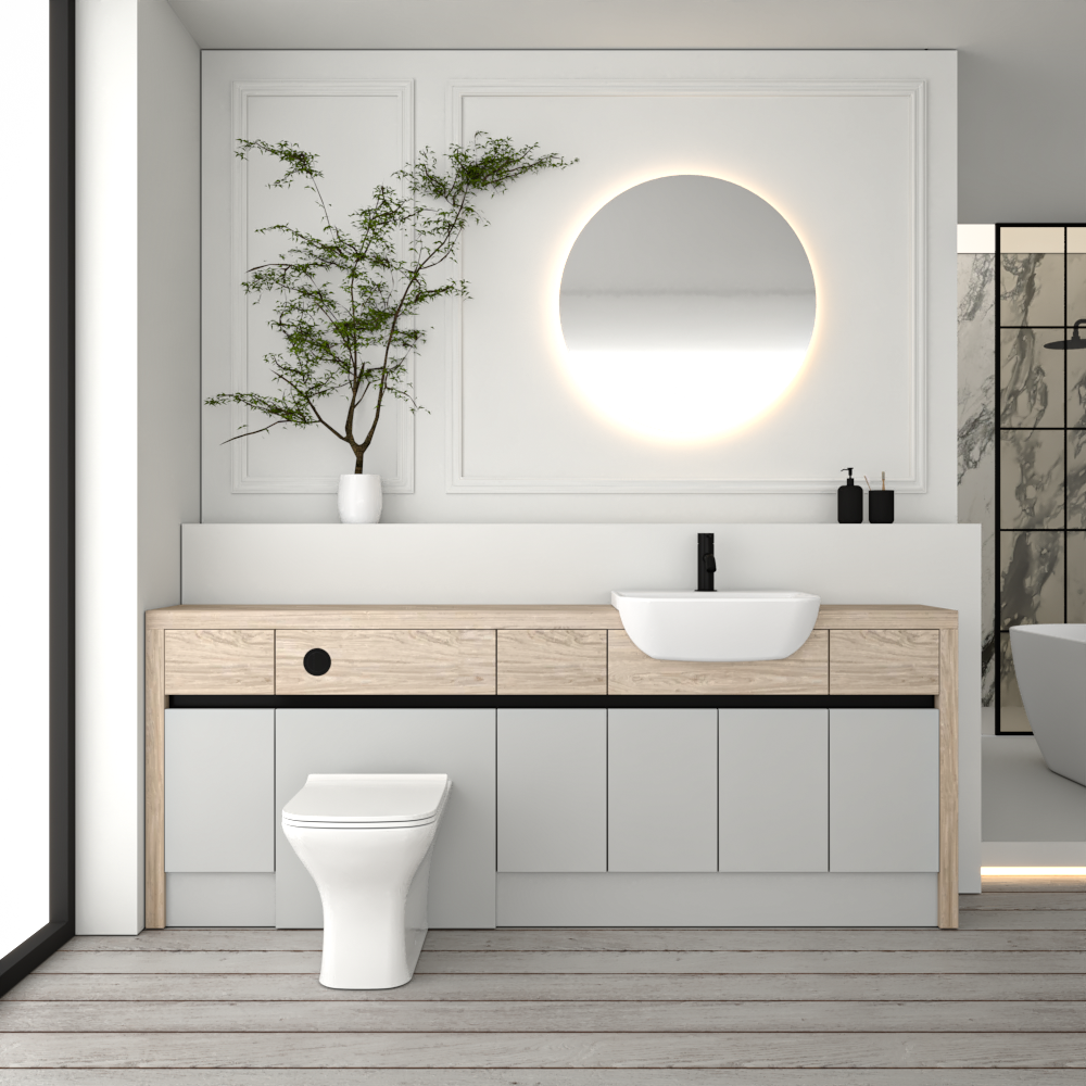 SEVI NORDIC OAK / LIGHT GREY MATT BASE UNITS BATHROOM FITTED FURNITURE