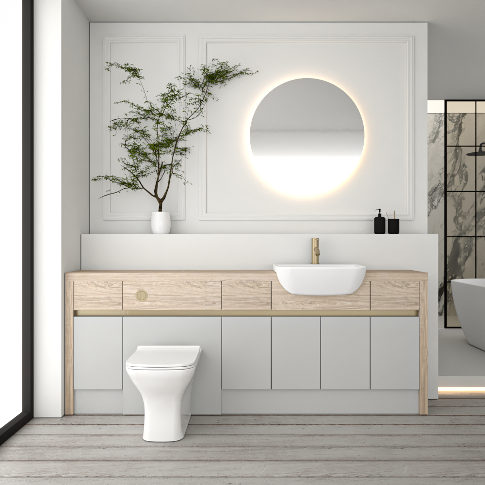 SEVI NORDIC OAK / LIGHT GREY MATT BASE UNITS BATHROOM FITTED FURNITURE