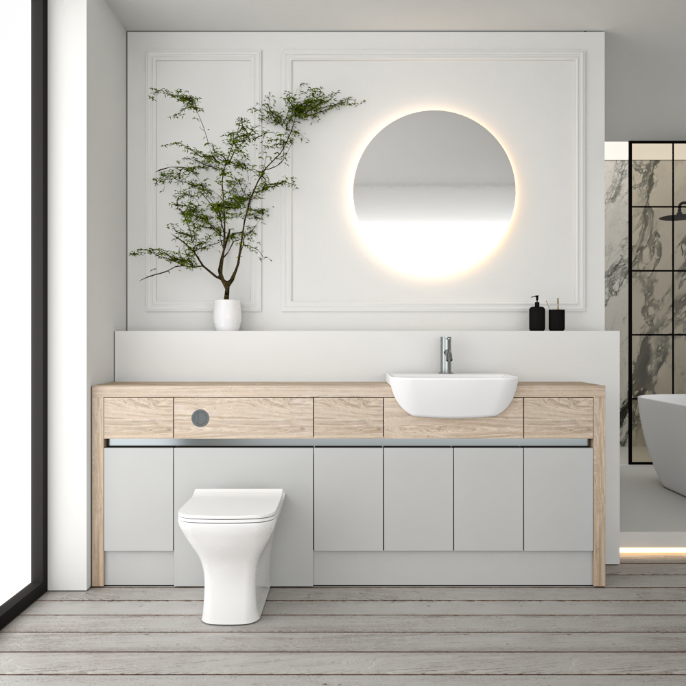 SEVI NORDIC OAK / LIGHT GREY MATT BASE UNITS BATHROOM FITTED FURNITURE