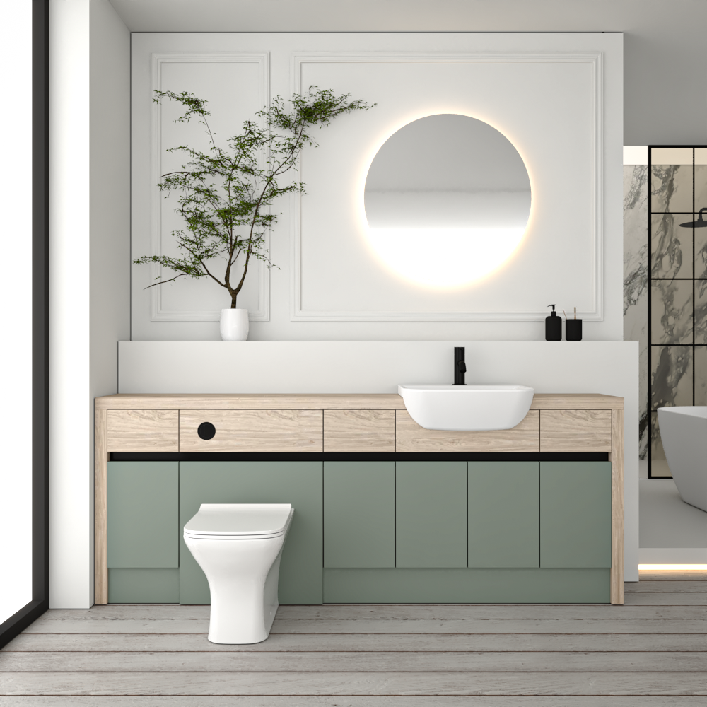 SEVI NORDIC OAK / REED GREEN MATT BASE UNITS BATHROOM FITTED FURNITURE
