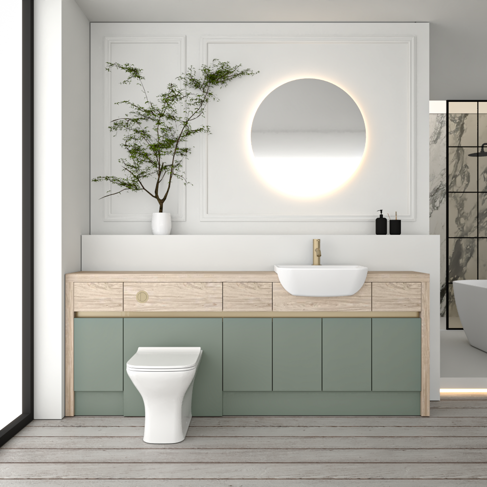 SEVI NORDIC OAK / REED GREEN MATT BASE UNITS BATHROOM FITTED FURNITURE