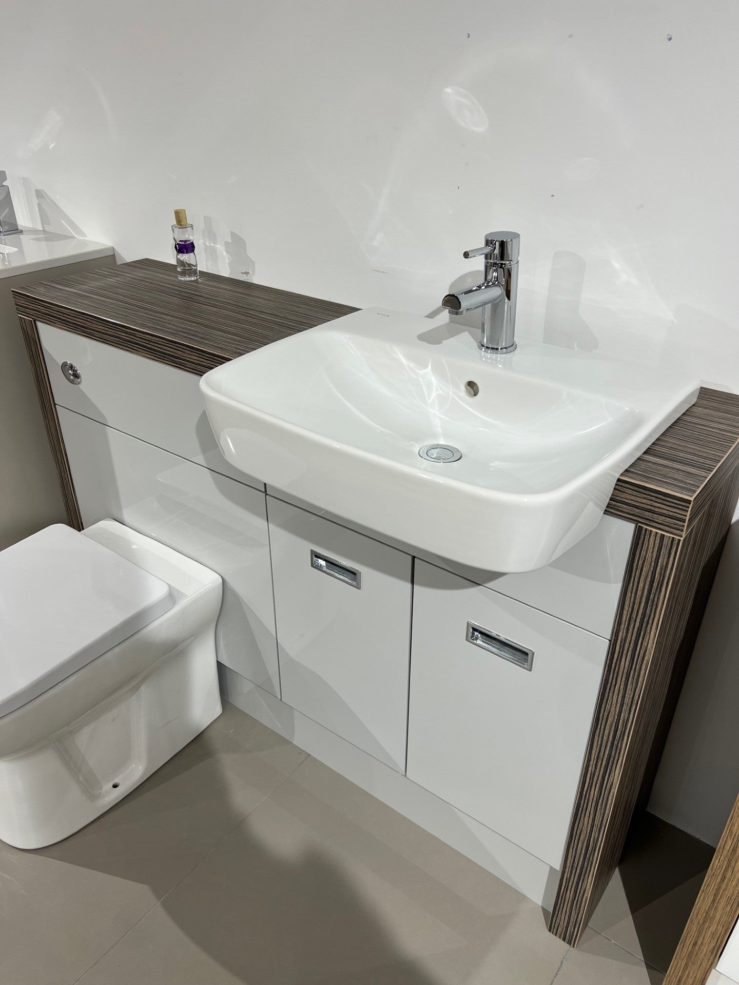 1300MM BATHROOM FITTED FURNITURE EX DISPLAY ZEBRANO / LIGHT GREY