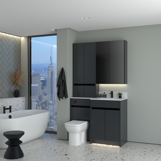 ELANA MATT WITH BLACK PROFILE & TAP BASE, TALL & WALL UNITS BATHROOM FITTED FURNITURE
