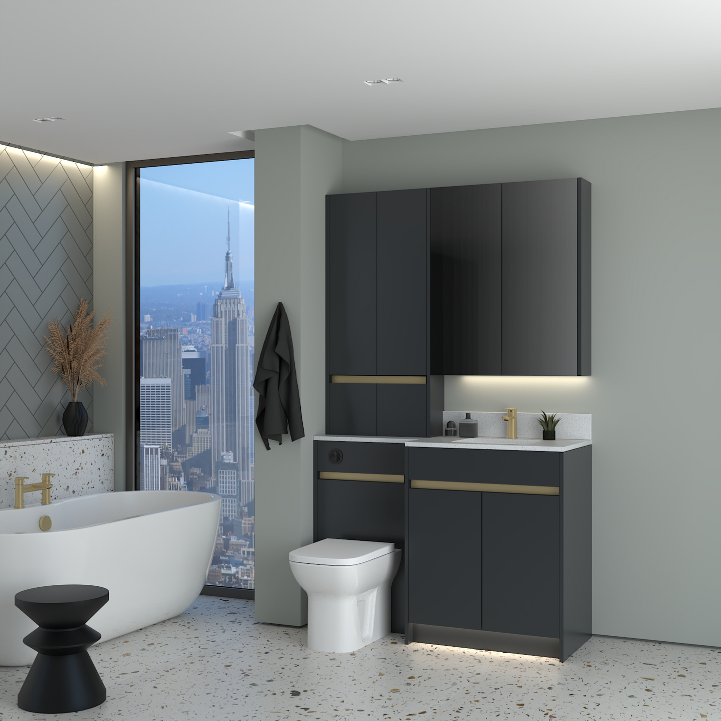 ELANA MATT WITH BRASS PROFILE & TAP BASE, TALL & WALL UNITS BATHROOM FITTED FURNITURE