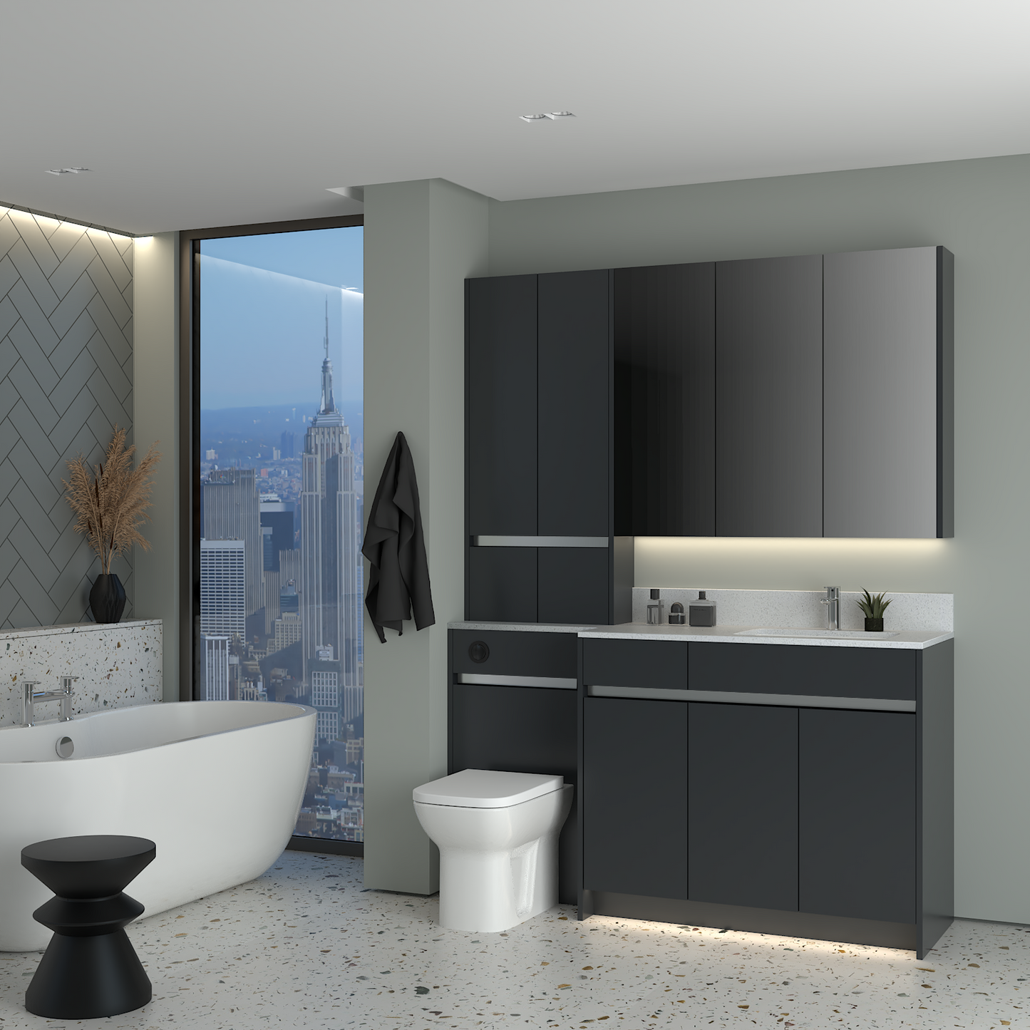 ELANA MATT WITH CHROME PROFILE & TAP BASE, TALL & WALL UNITS BATHROOM FITTED FURNITURE
