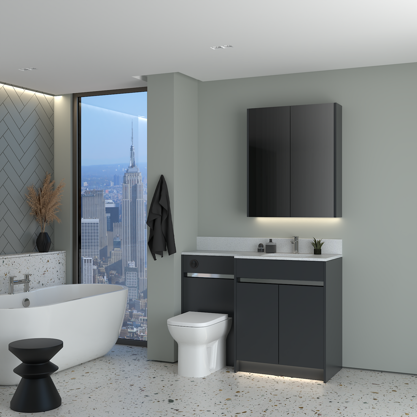 ELANA MATT WITH CHROME PROFILE & TAP BASE & WALL UNITS BATHROOM FITTED FURNITURE