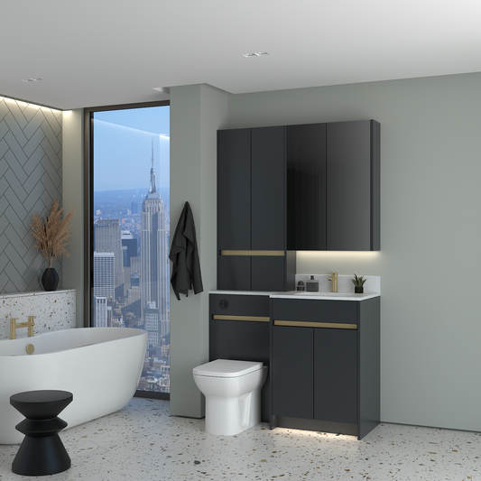 ELANA MATT WITH BRASS PROFILE & TAP BASE, TALL & WALL UNITS BATHROOM FITTED FURNITURE