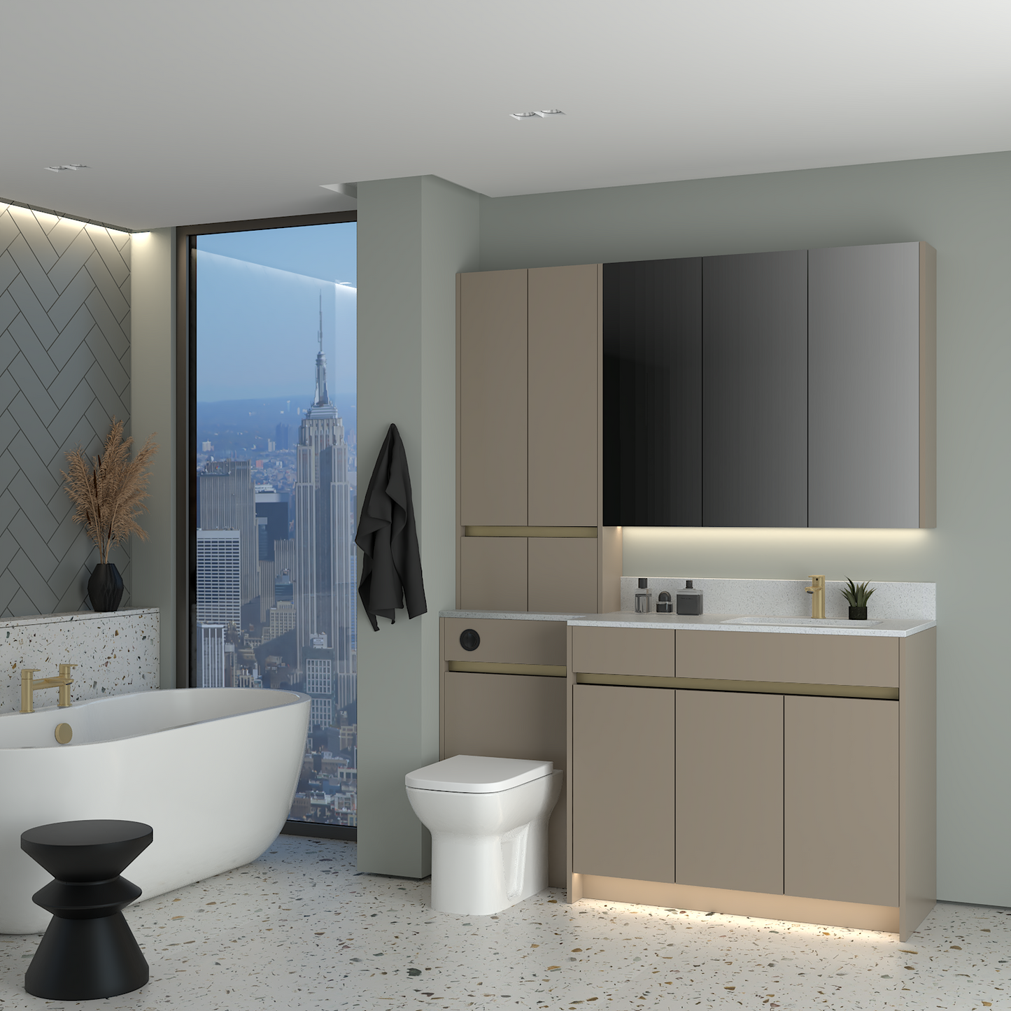 ELANA MATT WITH BRASS PROFILE & TAP BASE, TALL & WALL UNITS BATHROOM FITTED FURNITURE