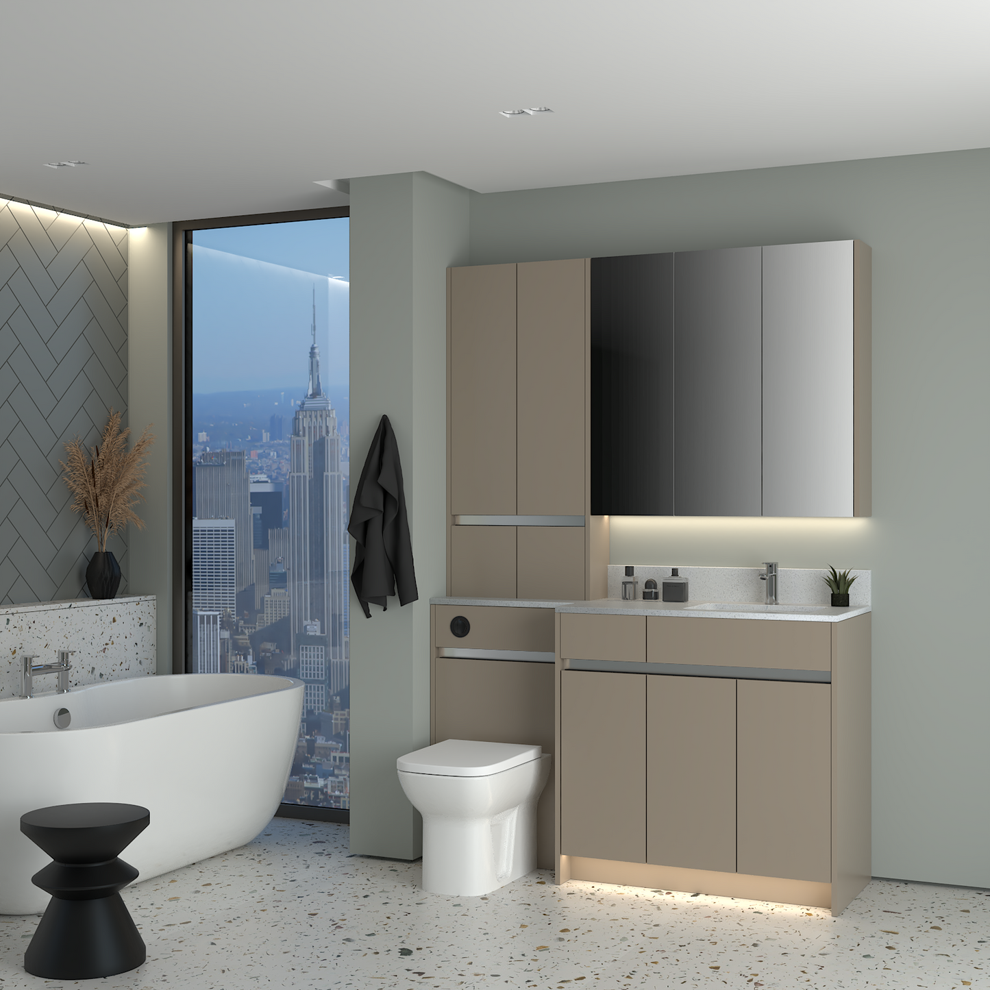 ELANA MATT WITH CHROME PROFILE & TAP BASE, TALL & WALL UNITS BATHROOM FITTED FURNITURE