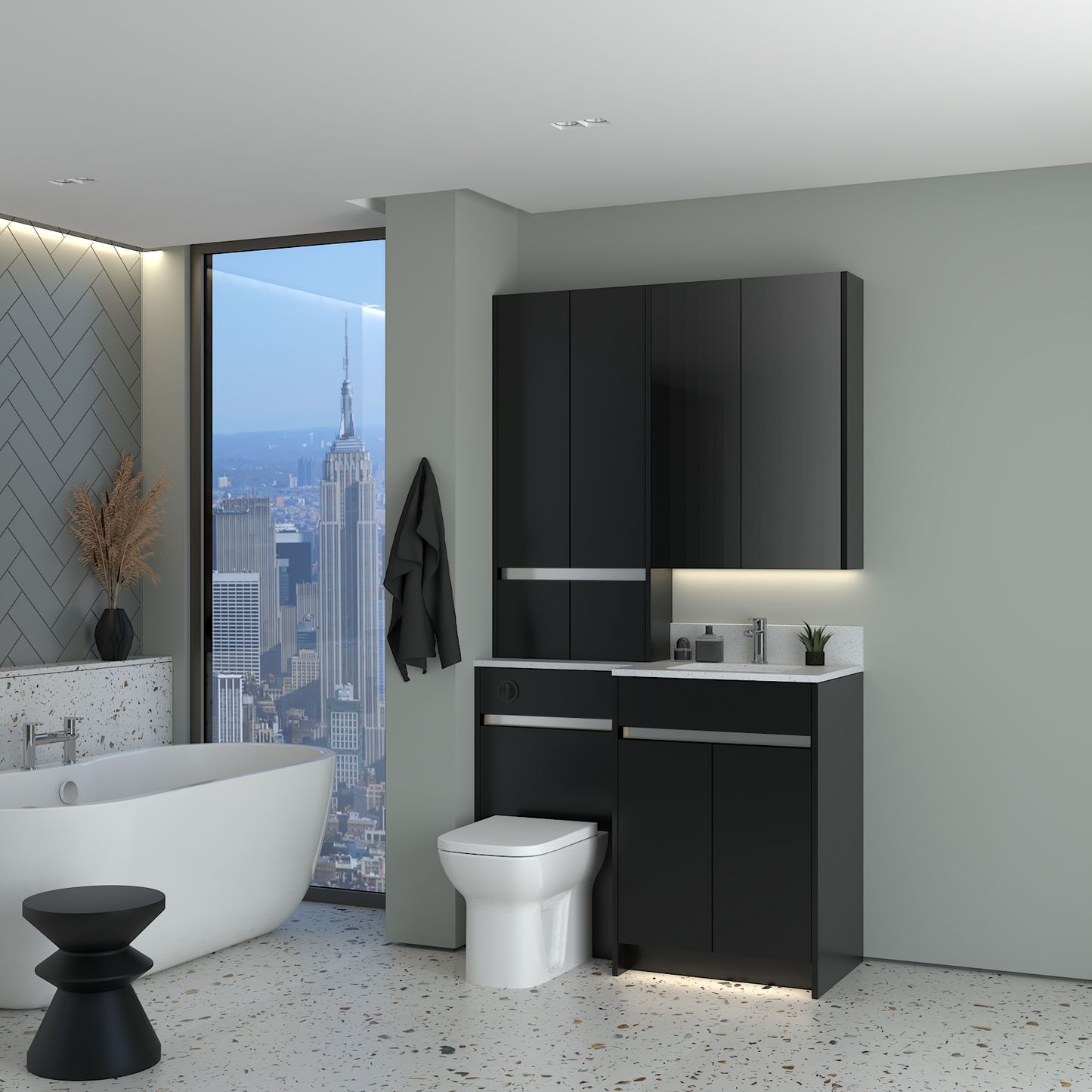 ELANA MATT WITH CHROME PROFILE & TAP BASE, TALL & WALL UNITS BATHROOM FITTED FURNITURE