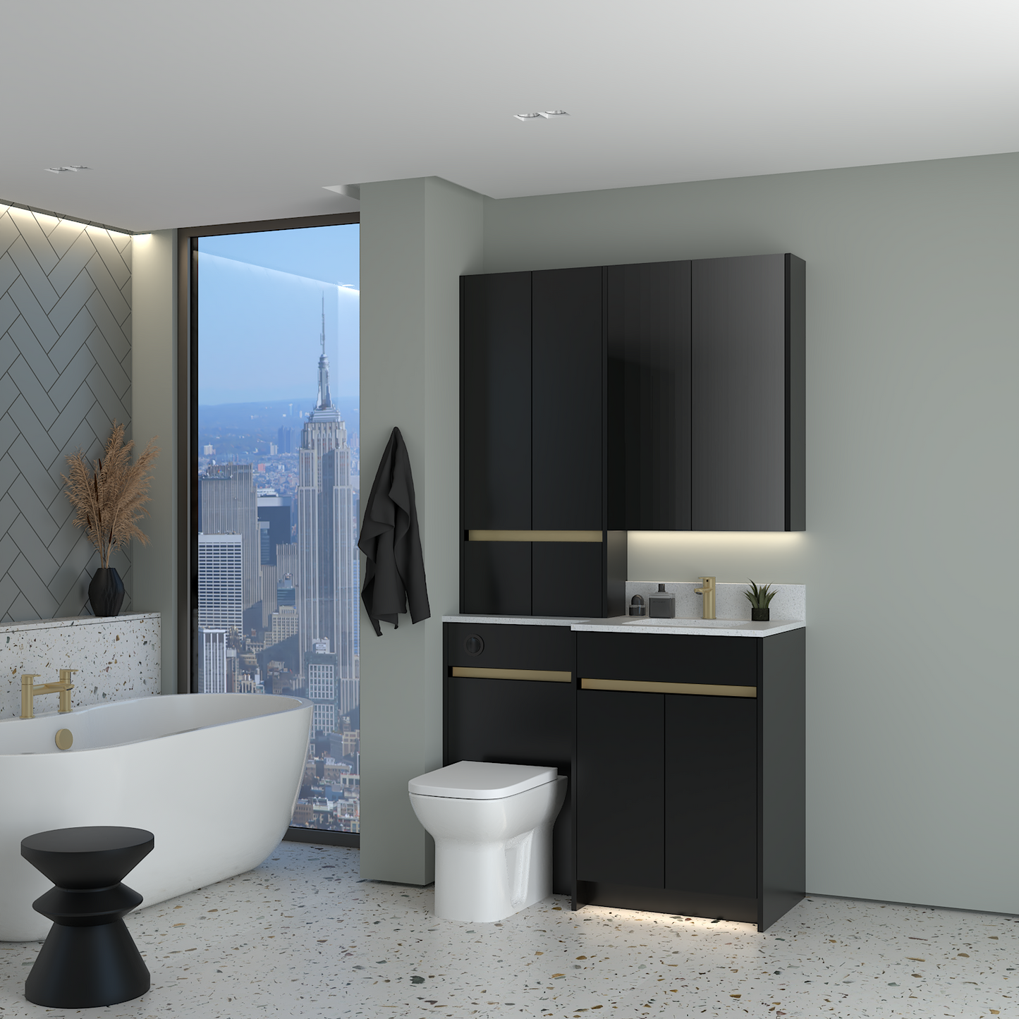 ELANA MATT WITH BRASS PROFILE & TAP BASE, TALL & WALL UNITS BATHROOM FITTED FURNITURE