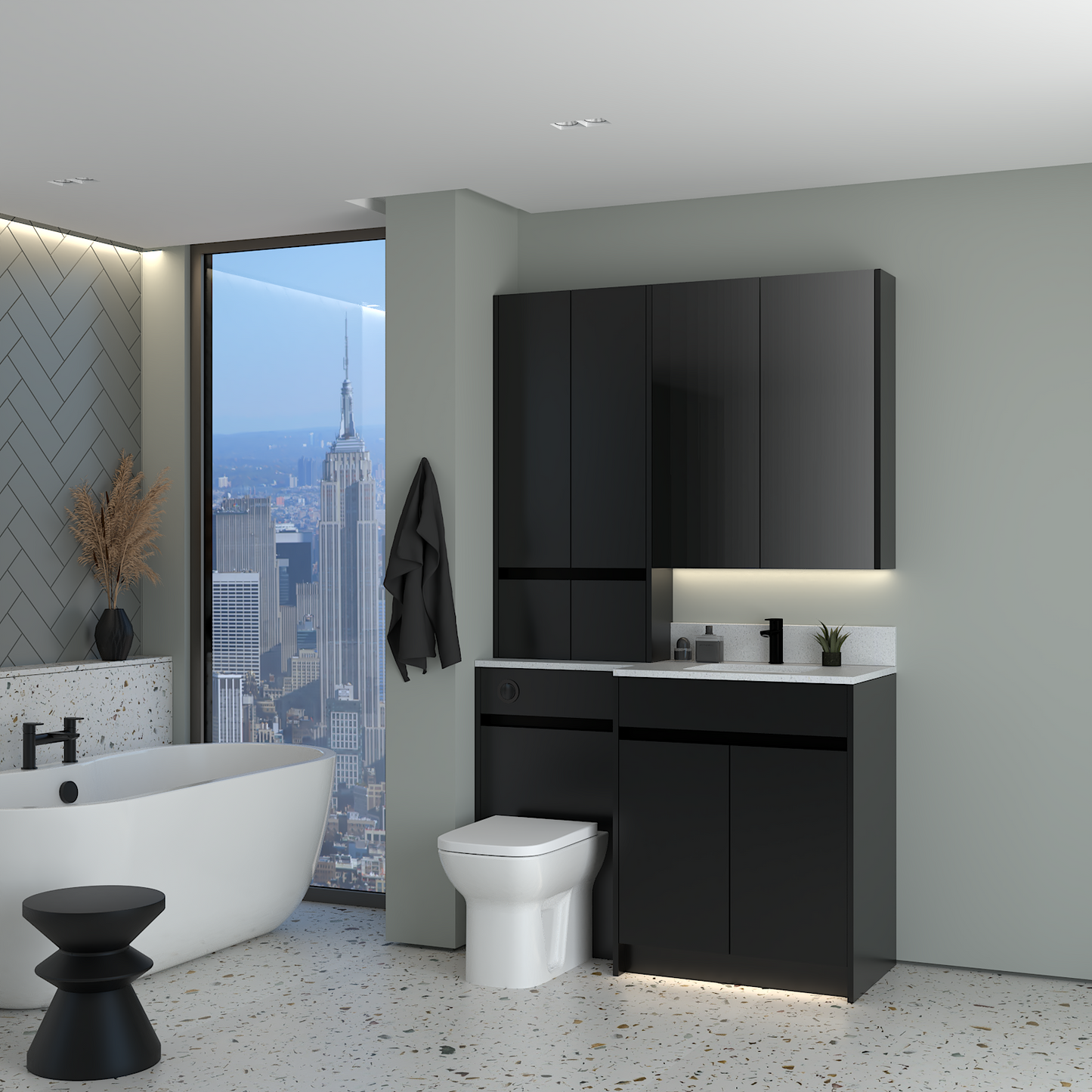ELANA MATT WITH BLACK PROFILE & TAP BASE, TALL & WALL UNITS BATHROOM FITTED FURNITURE