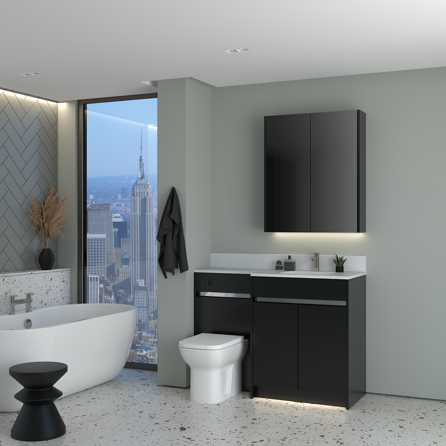 ELANA MATT WITH CHROME PROFILE & TAP BASE & WALL UNITS BATHROOM FITTED FURNITURE