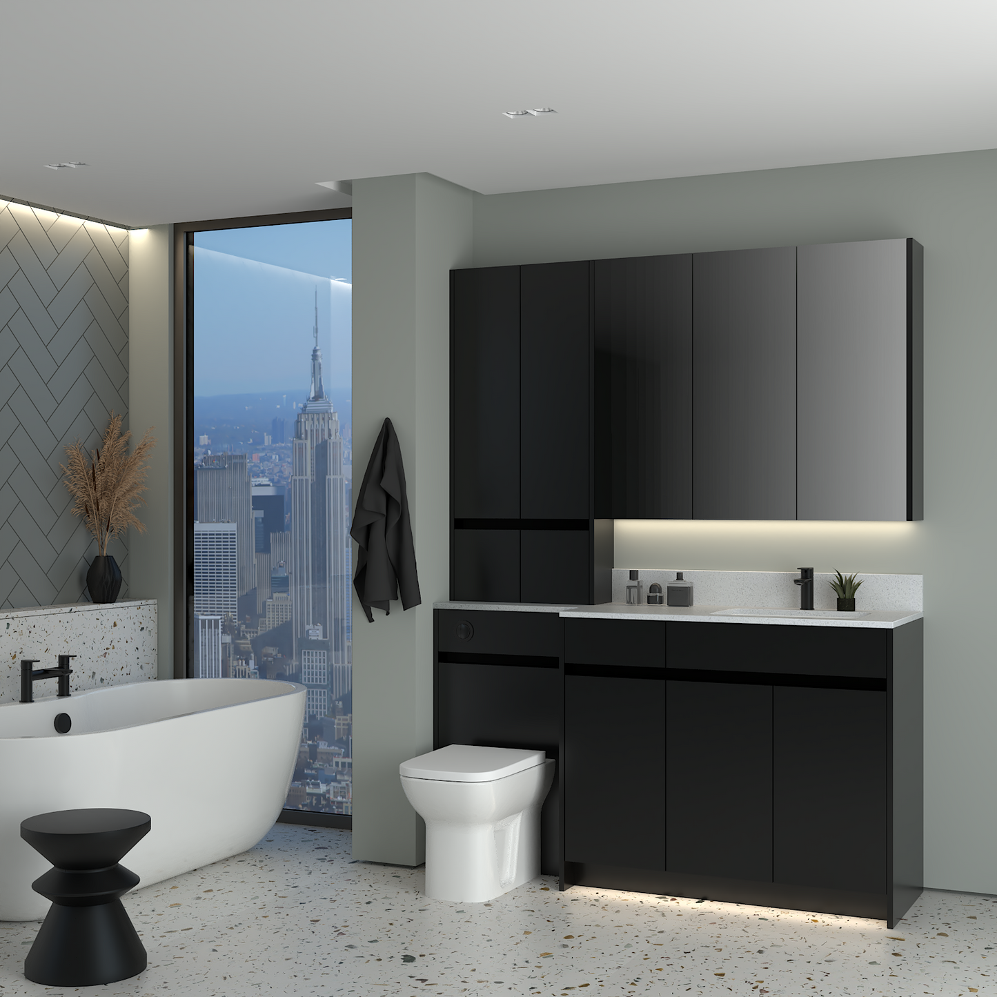 ELANA MATT WITH BLACK PROFILE & TAP BASE, TALL & WALL UNITS BATHROOM FITTED FURNITURE