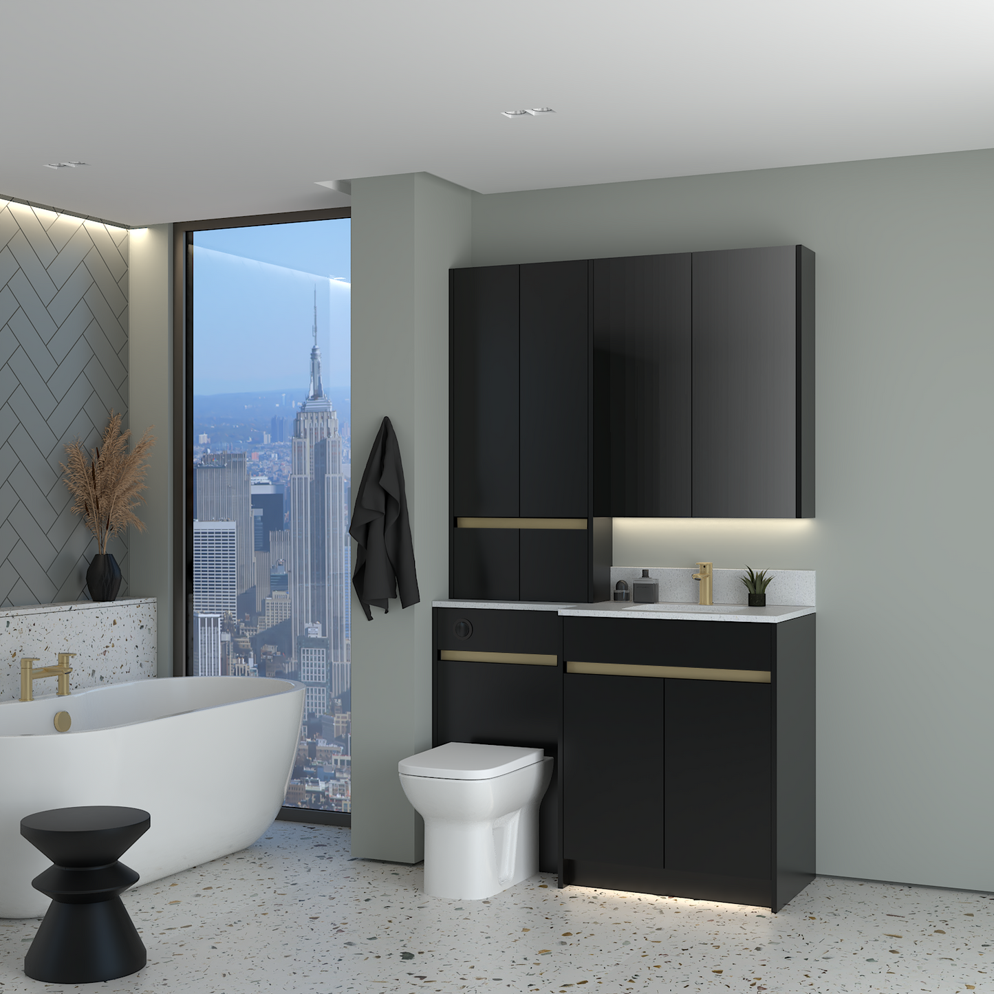ELANA MATT WITH BRASS PROFILE & TAP BASE, TALL & WALL UNITS BATHROOM FITTED FURNITURE