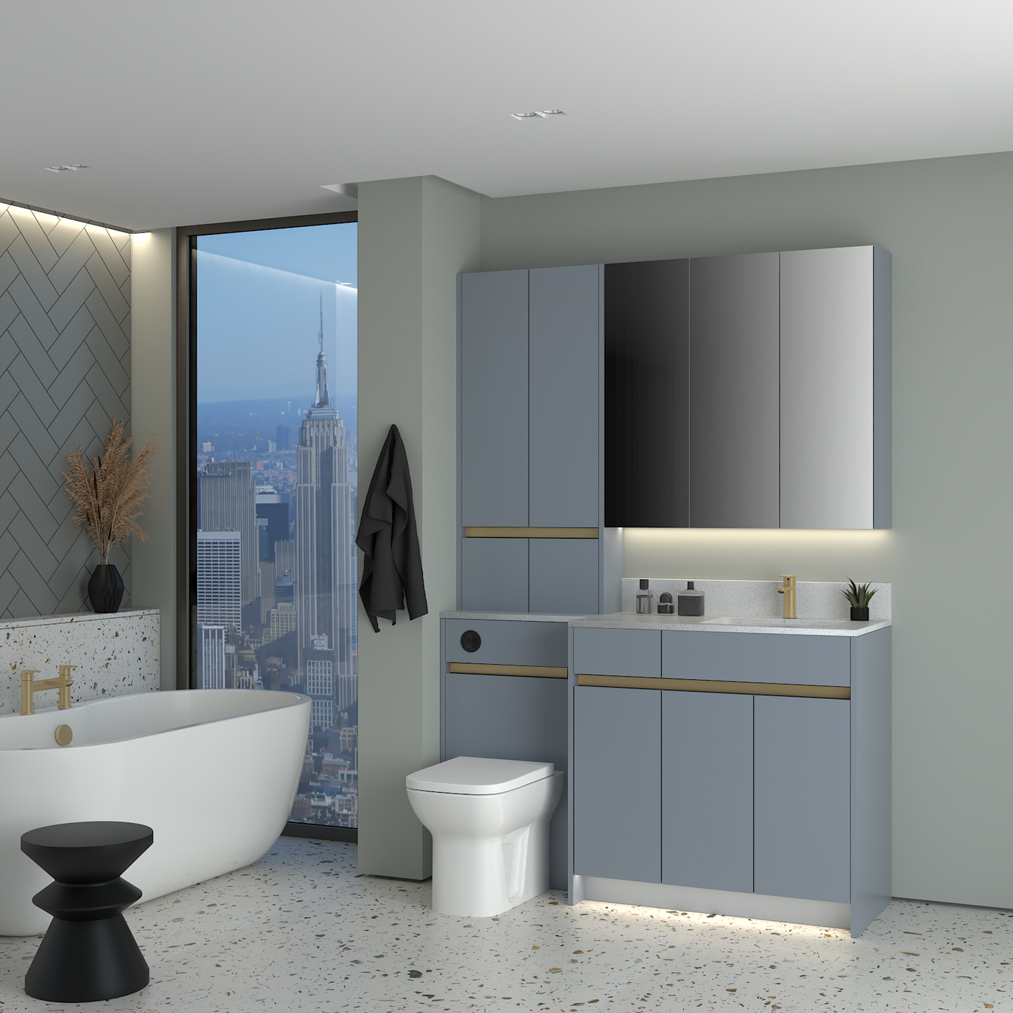 ELANA MATT WITH BRASS PROFILE & TAP BASE, TALL & WALL UNITS BATHROOM FITTED FURNITURE