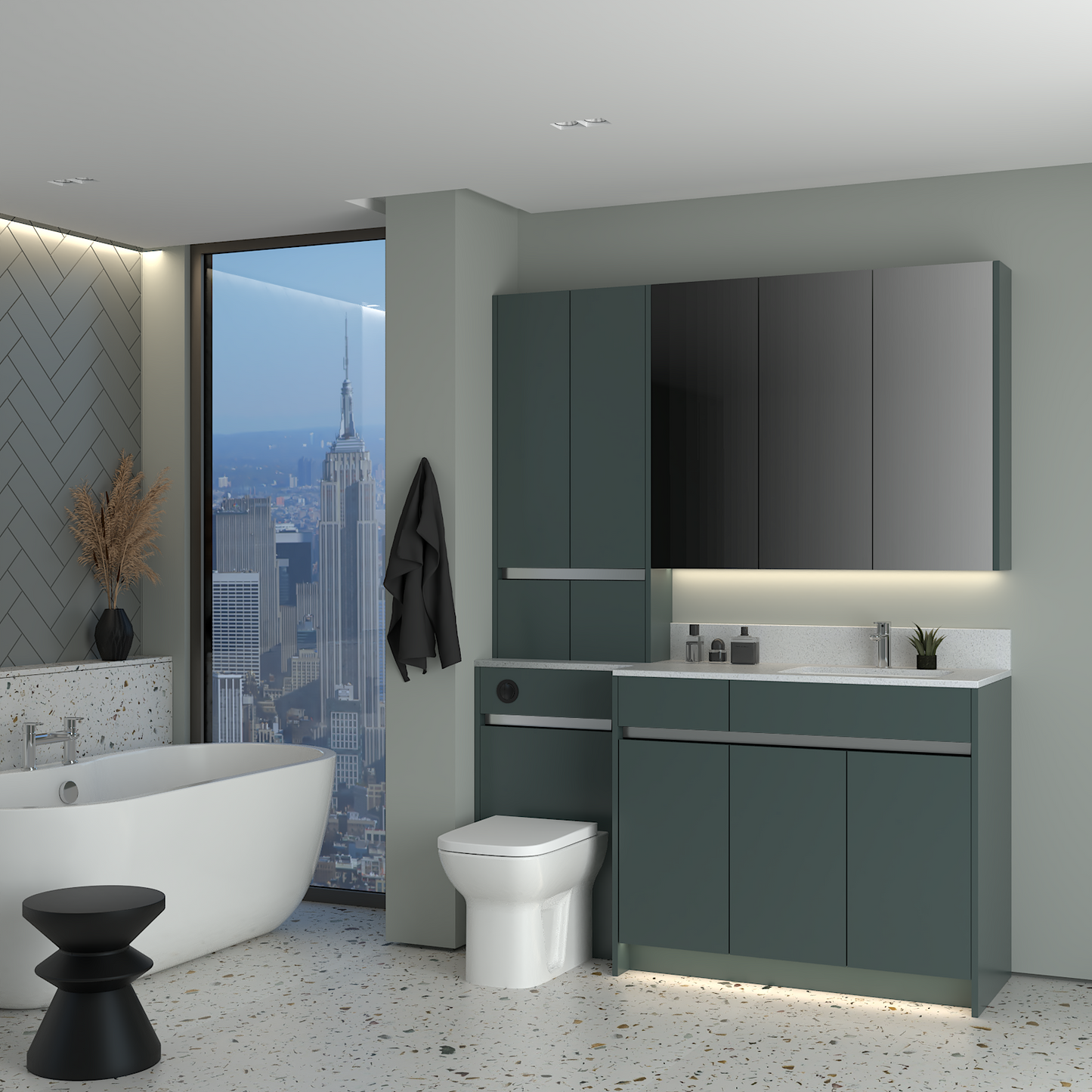ELANA MATT WITH CHROME PROFILE & TAP BASE, TALL & WALL UNITS BATHROOM FITTED FURNITURE