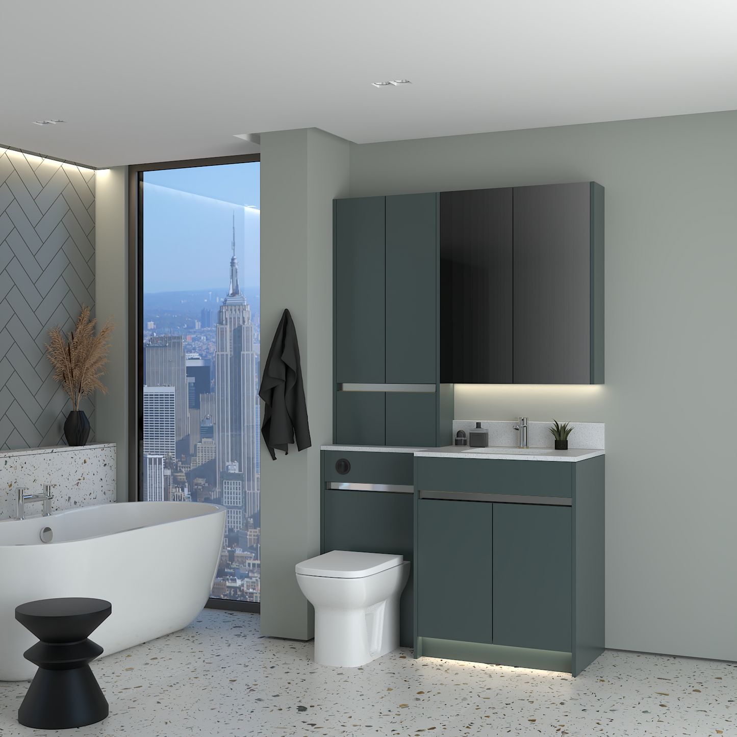 ELANA MATT WITH CHROME PROFILE & TAP BASE, TALL & WALL UNITS BATHROOM FITTED FURNITURE