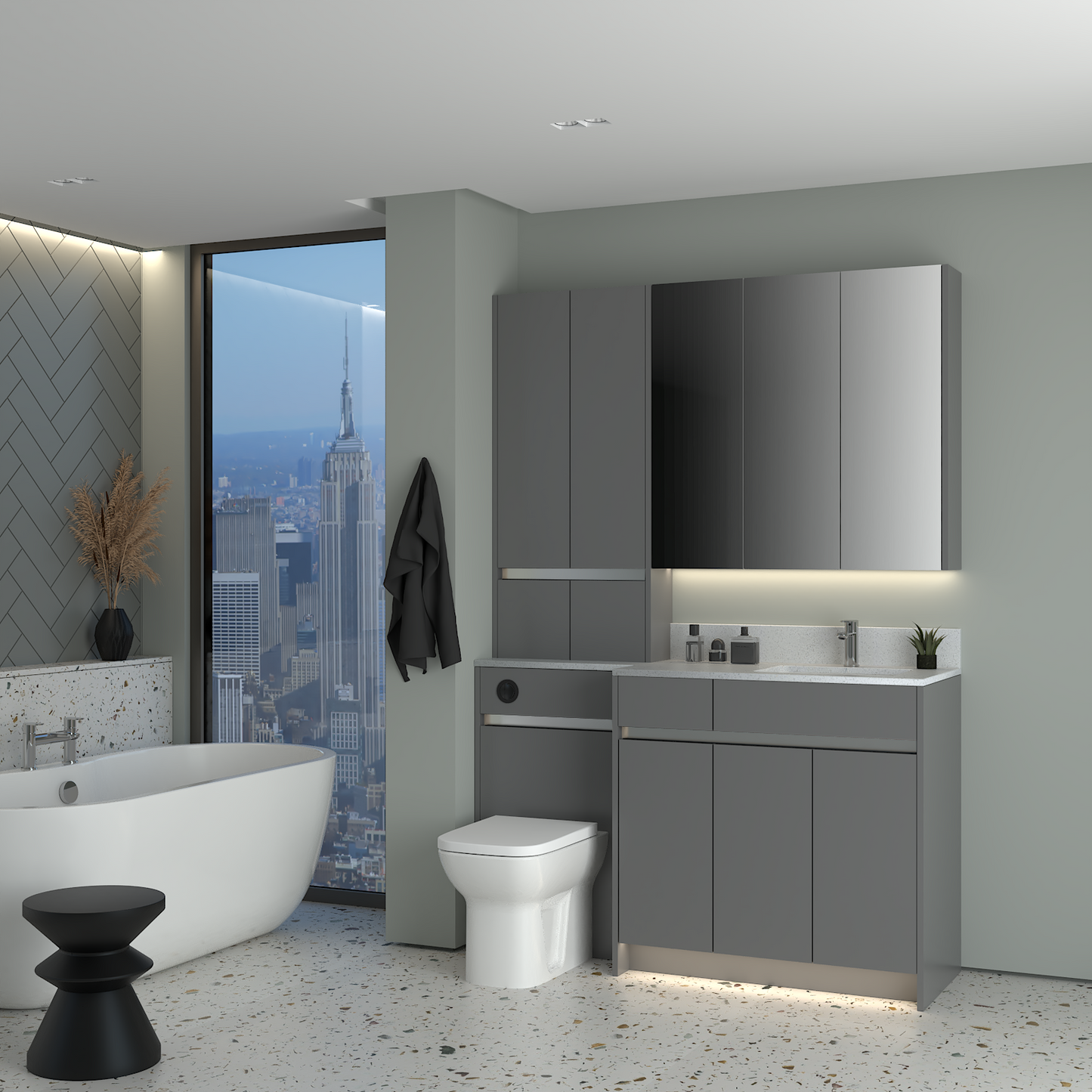 ELANA MATT WITH CHROME PROFILE & TAP BASE, TALL & WALL UNITS BATHROOM FITTED FURNITURE
