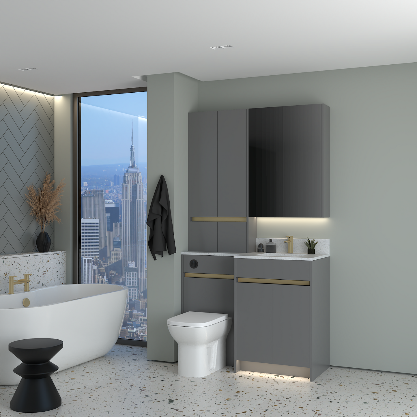 ELANA MATT WITH BRASS PROFILE & TAP BASE, TALL & WALL UNITS BATHROOM FITTED FURNITURE