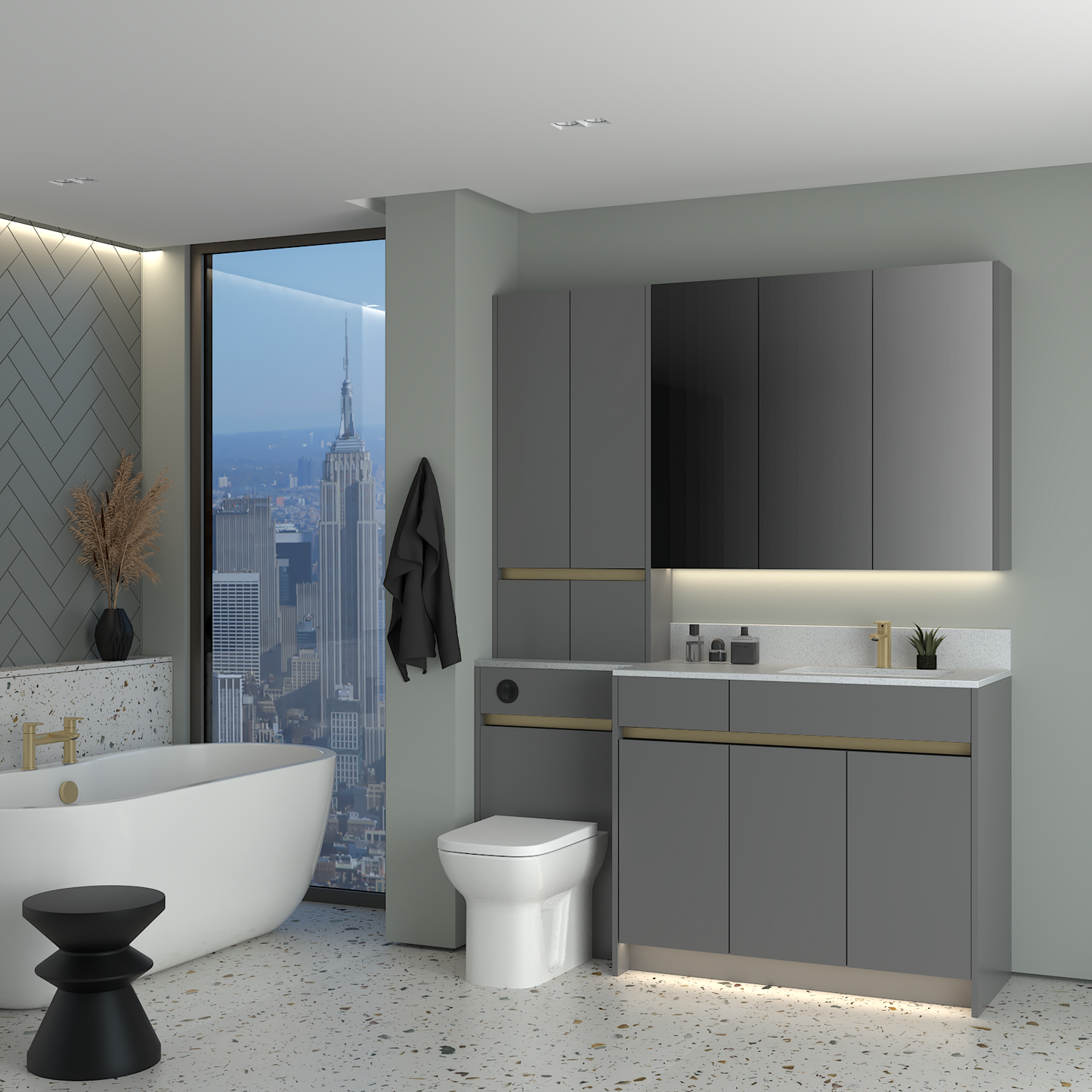 ELANA MATT WITH BRASS PROFILE & TAP BASE, TALL & WALL UNITS BATHROOM FITTED FURNITURE