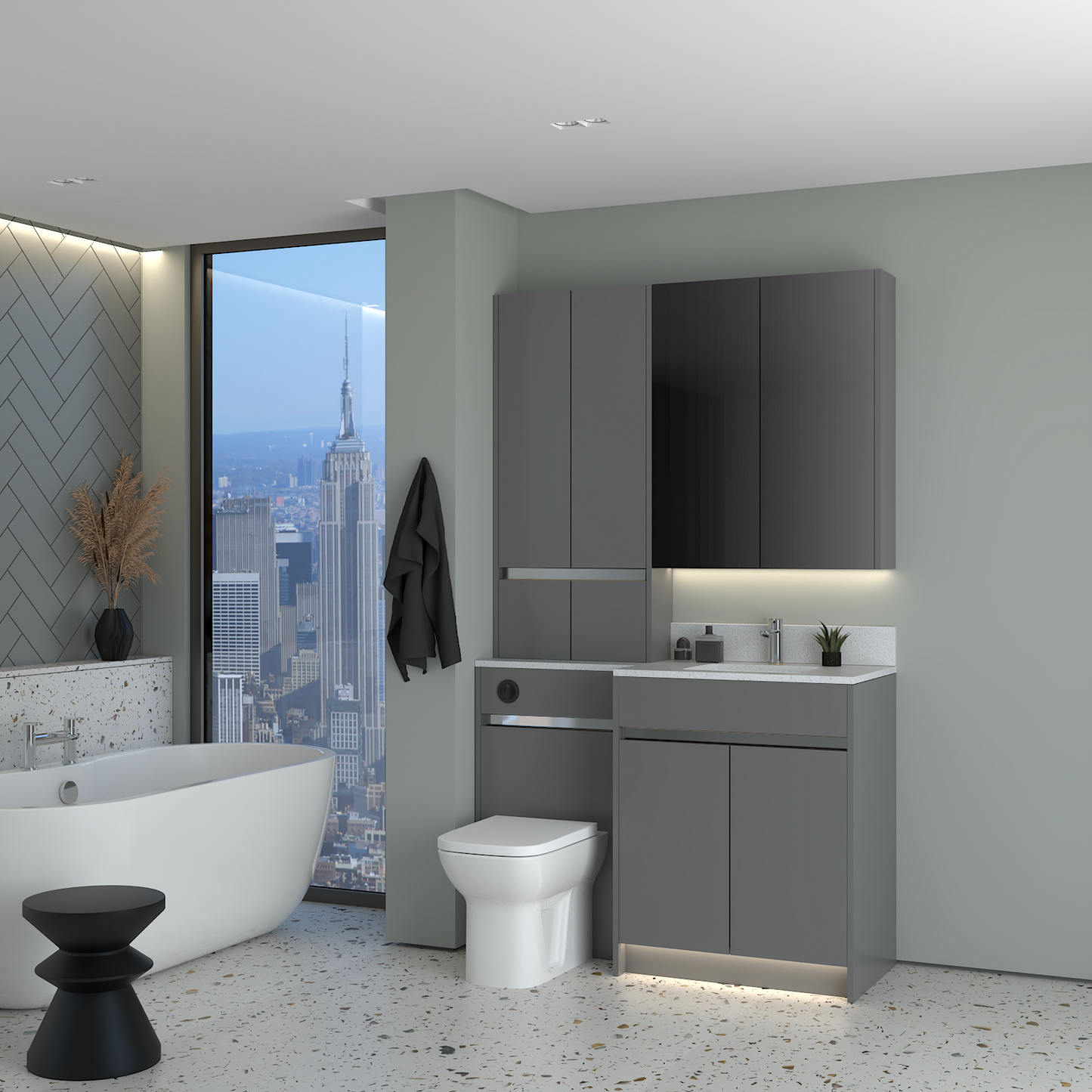 ELANA MATT WITH CHROME PROFILE & TAP BASE, TALL & WALL UNITS BATHROOM FITTED FURNITURE