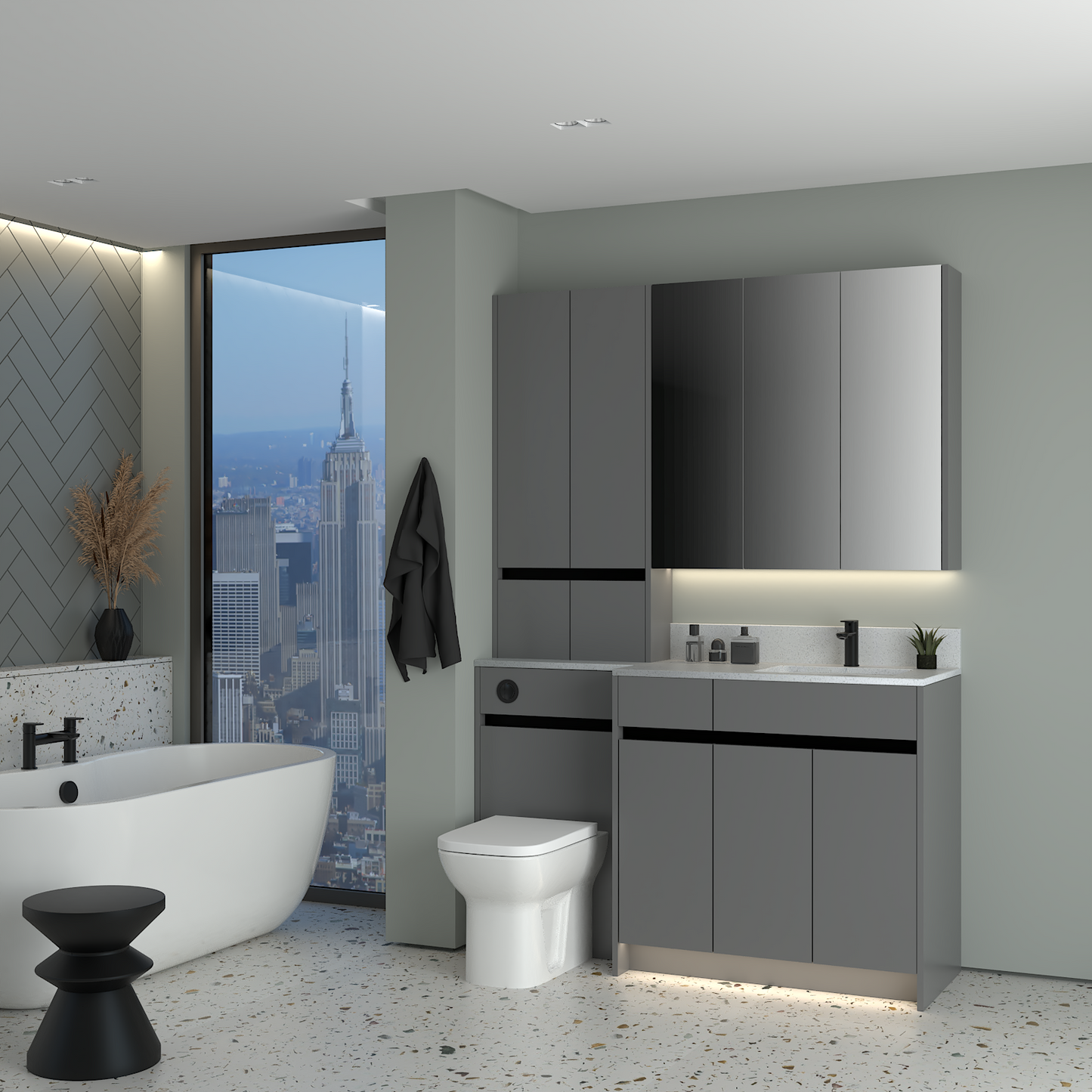 ELANA MATT WITH BLACK PROFILE & TAP BASE, TALL & WALL UNITS BATHROOM FITTED FURNITURE