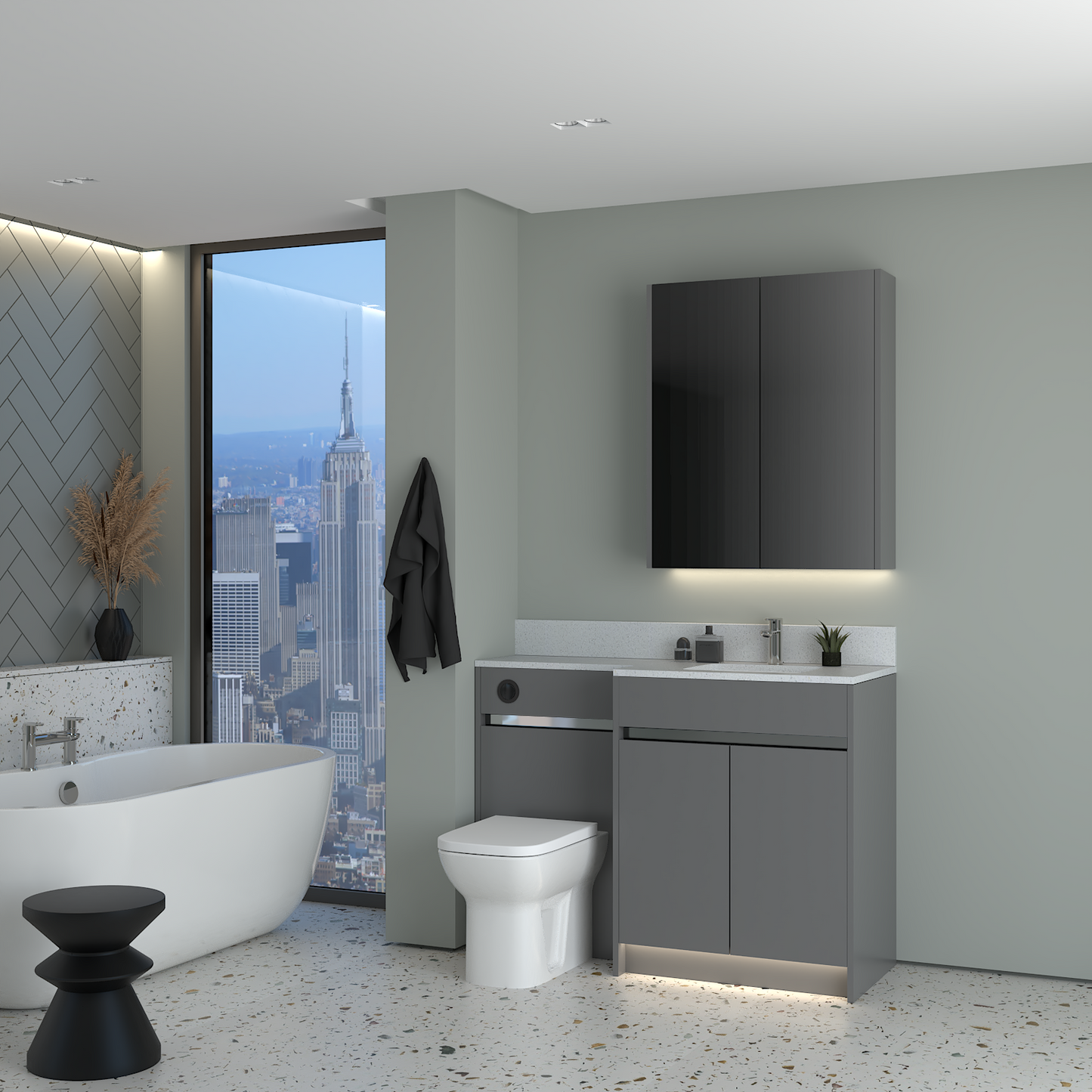ELANA MATT WITH CHROME PROFILE & TAP BASE & WALL UNITS BATHROOM FITTED FURNITURE
