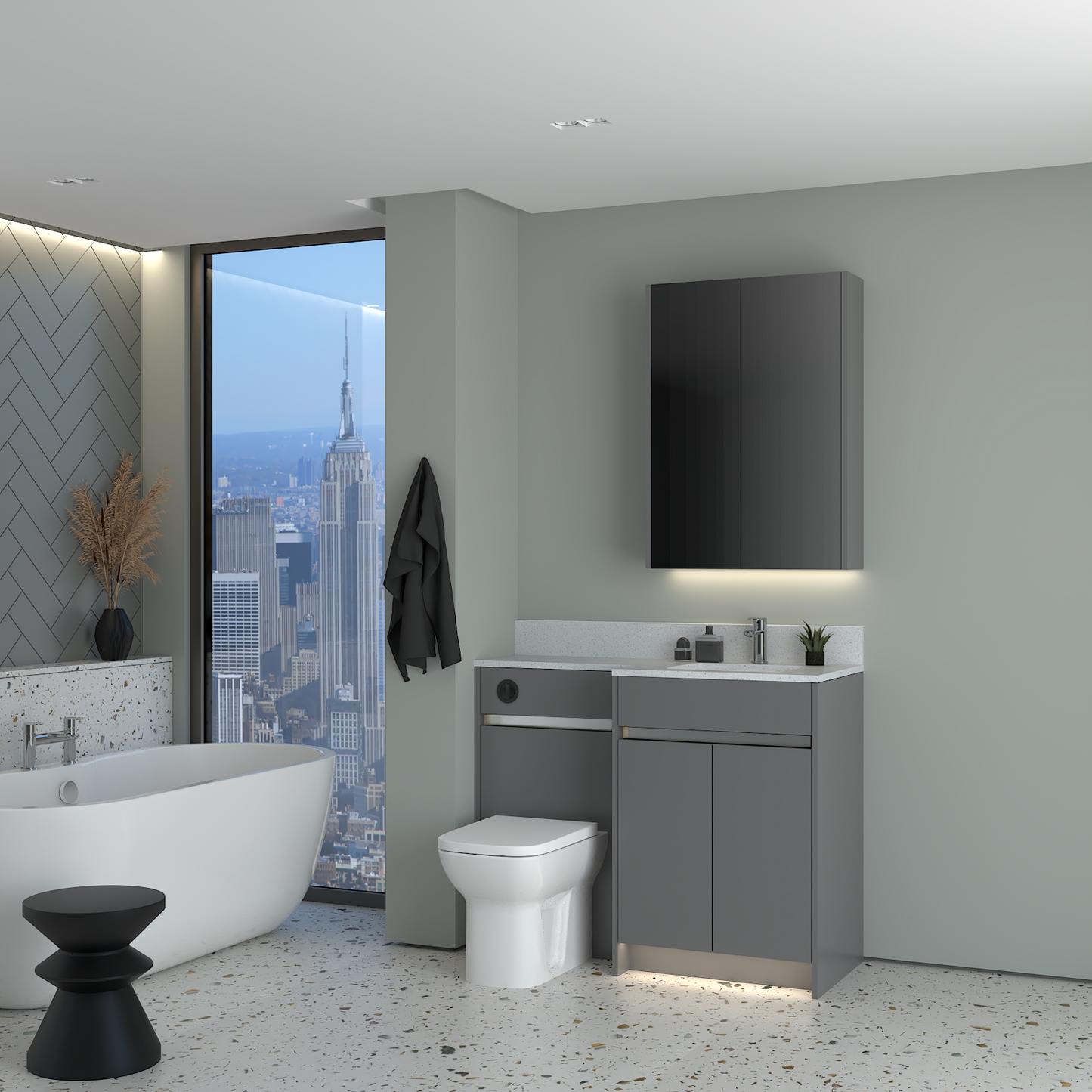 ELANA MATT WITH CHROME PROFILE & TAP BASE & WALL UNITS BATHROOM FITTED FURNITURE
