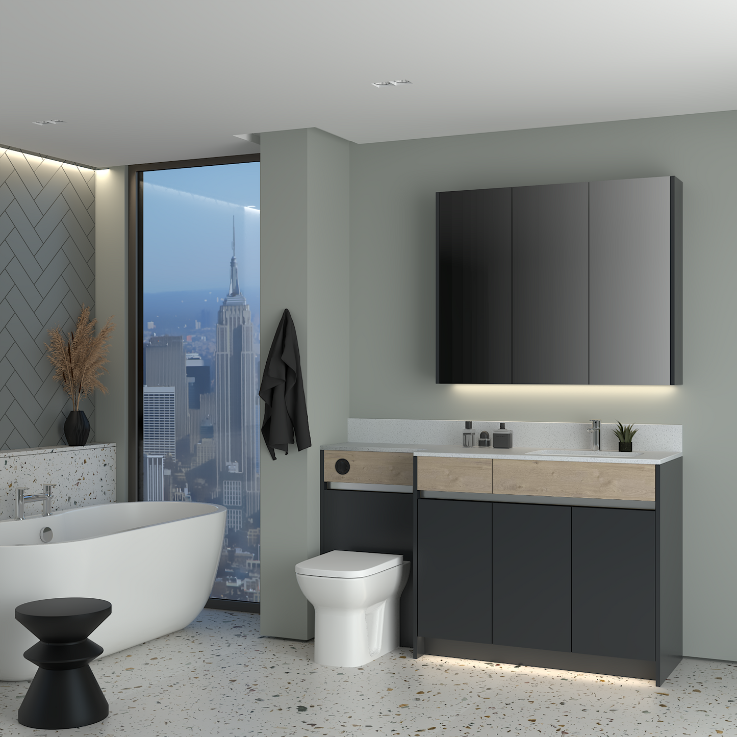 ELANA OAK / MATT WITH CHROME PROFILE & TAP BASE & WALL UNITS BATHROOM FITTED FURNITURE