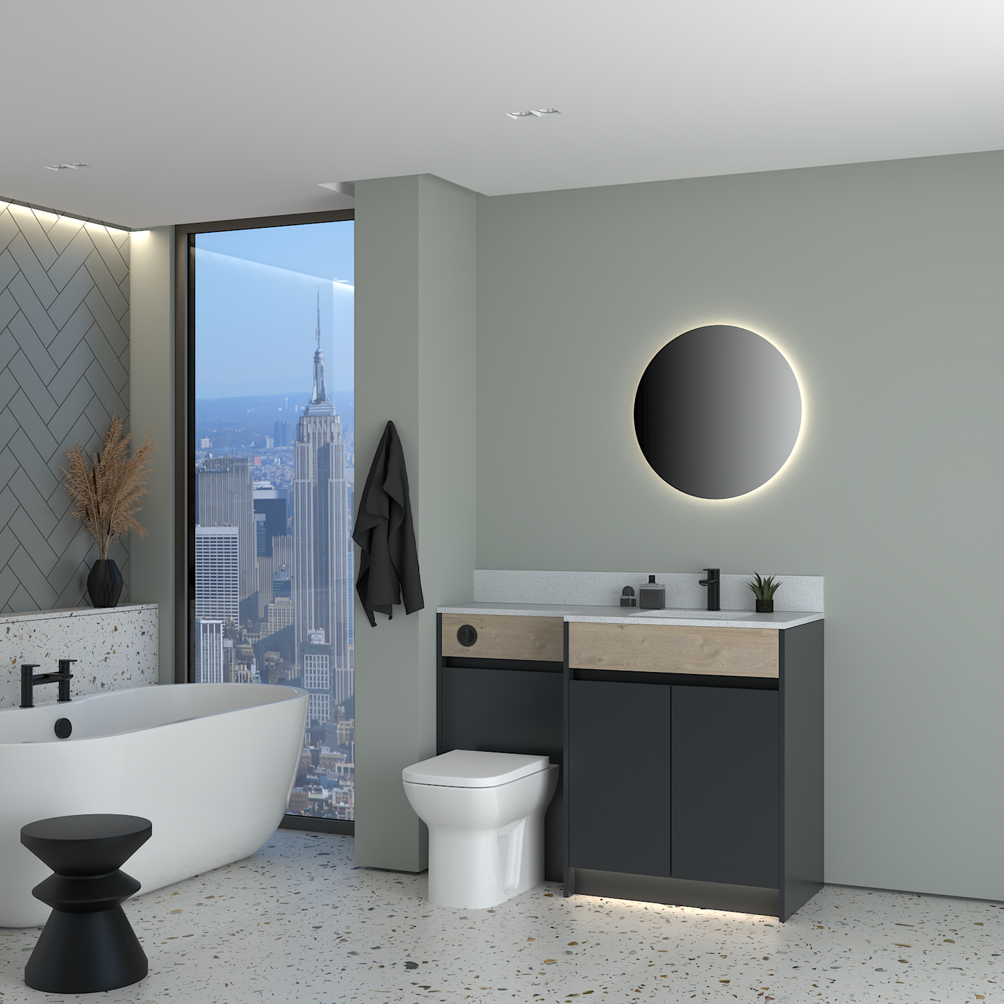 ELANA OAK / MATT WITH BLACK PROFILE & TAP BASE UNITS BATHROOM FITTED FURNITURE