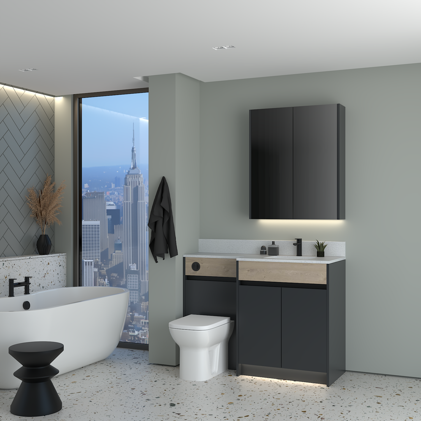 ELANA OAK / MATT WITH BLACK PROFILE & TAP BASE & WALL UNITS BATHROOM FITTED FURNITURE