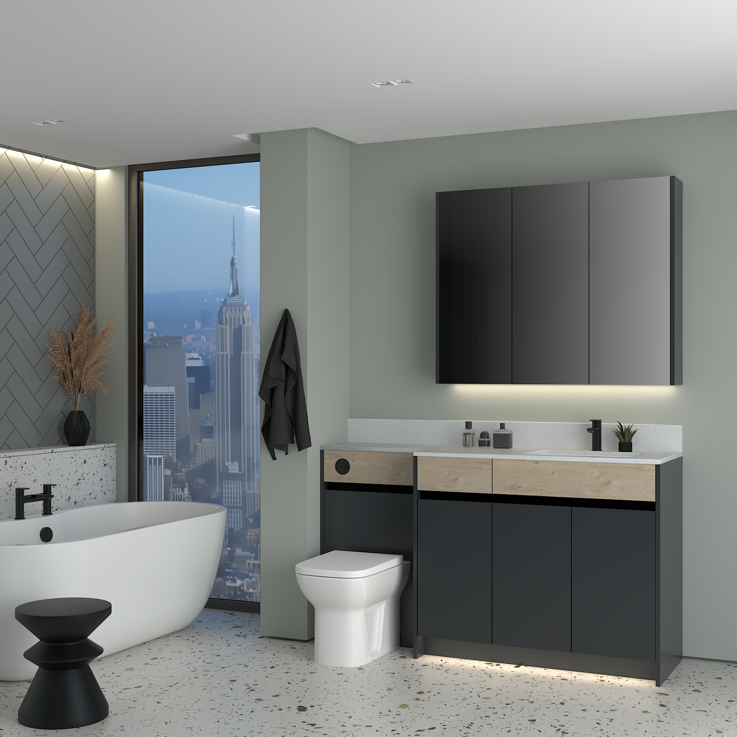 ELANA OAK / MATT WITH BLACK PROFILE & TAP BASE & WALL UNITS BATHROOM FITTED FURNITURE