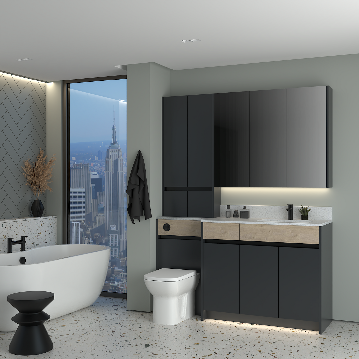 ELANA OAK / MATT WITH BLACK PROFILE & TAP BASE, TALL & WALL UNITS BATHROOM FITTED FURNITURE