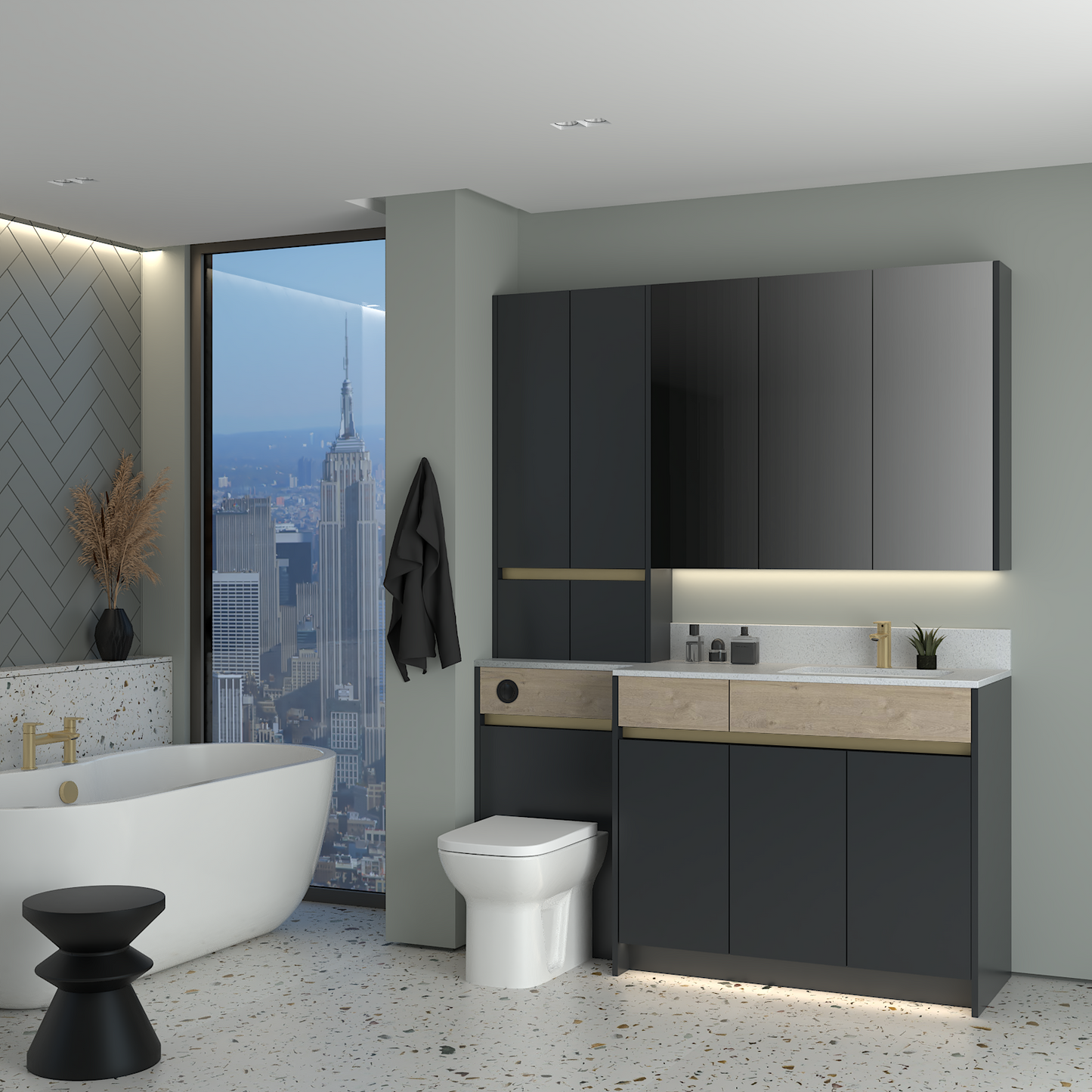 ELANA OAK / MATT WITH BRASS PROFILE & TAP BASE, TALL & WALL UNITS BATHROOM FITTED FURNITURE