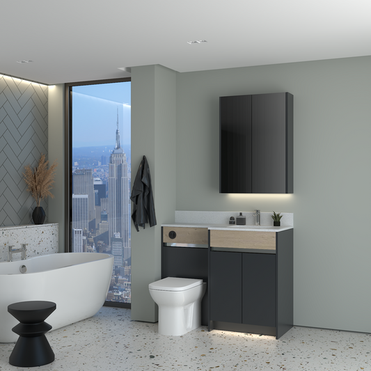 ELANA OAK / MATT WITH CHROME PROFILE & TAP BASE & WALL UNITS BATHROOM FITTED FURNITURE