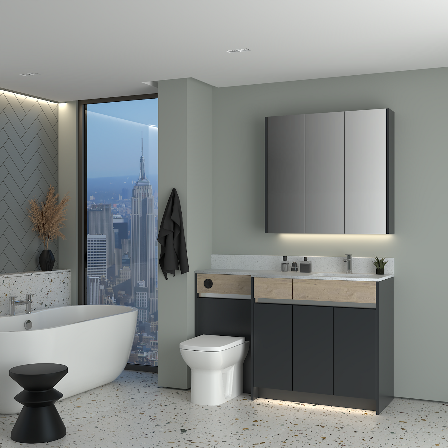 ELANA OAK / MATT WITH CHROME PROFILE & TAP BASE & WALL UNITS BATHROOM FITTED FURNITURE