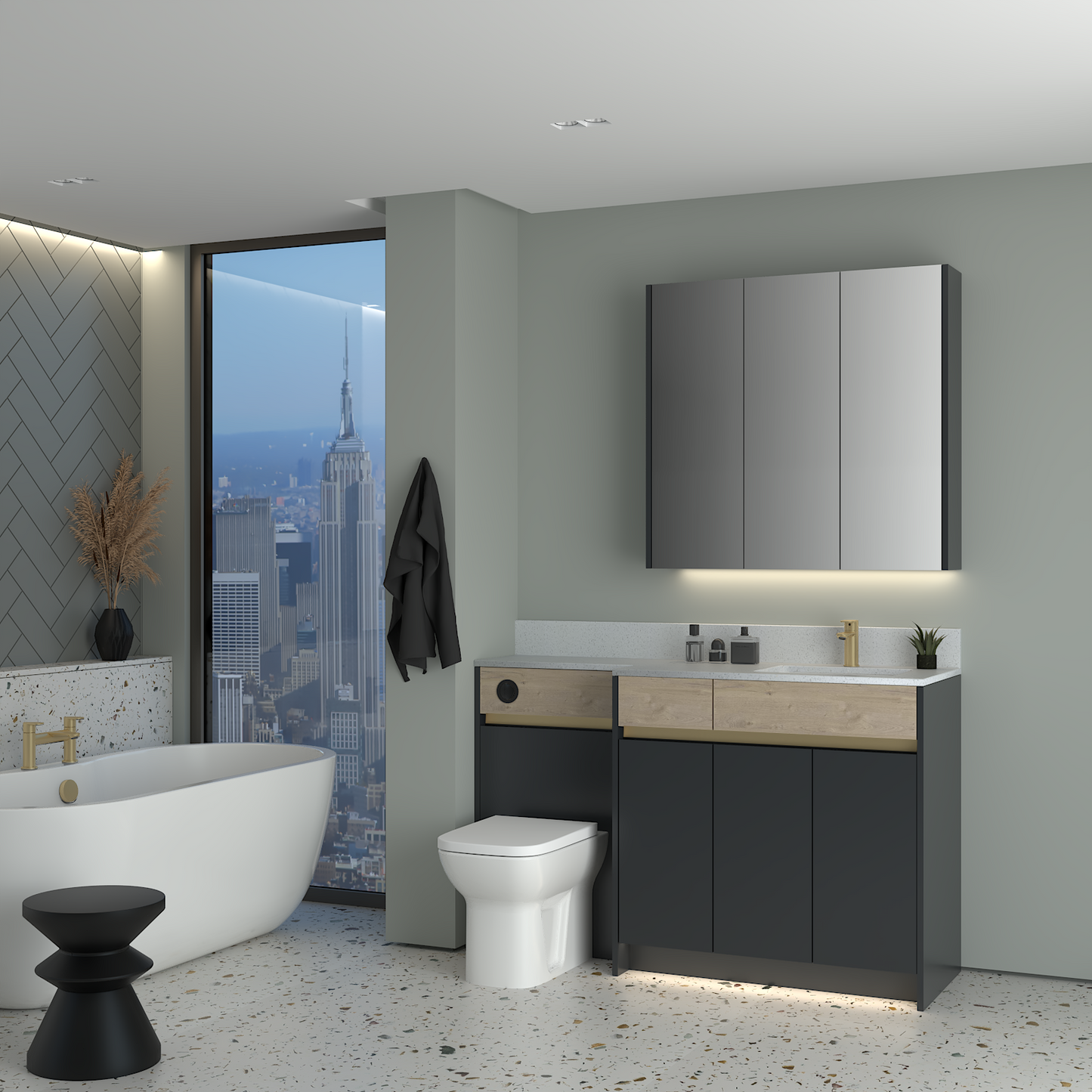 ELANA OAK / MATT WITH BRASS PROFILE & TAP BASE & WALL UNITS BATHROOM FITTED FURNITURE