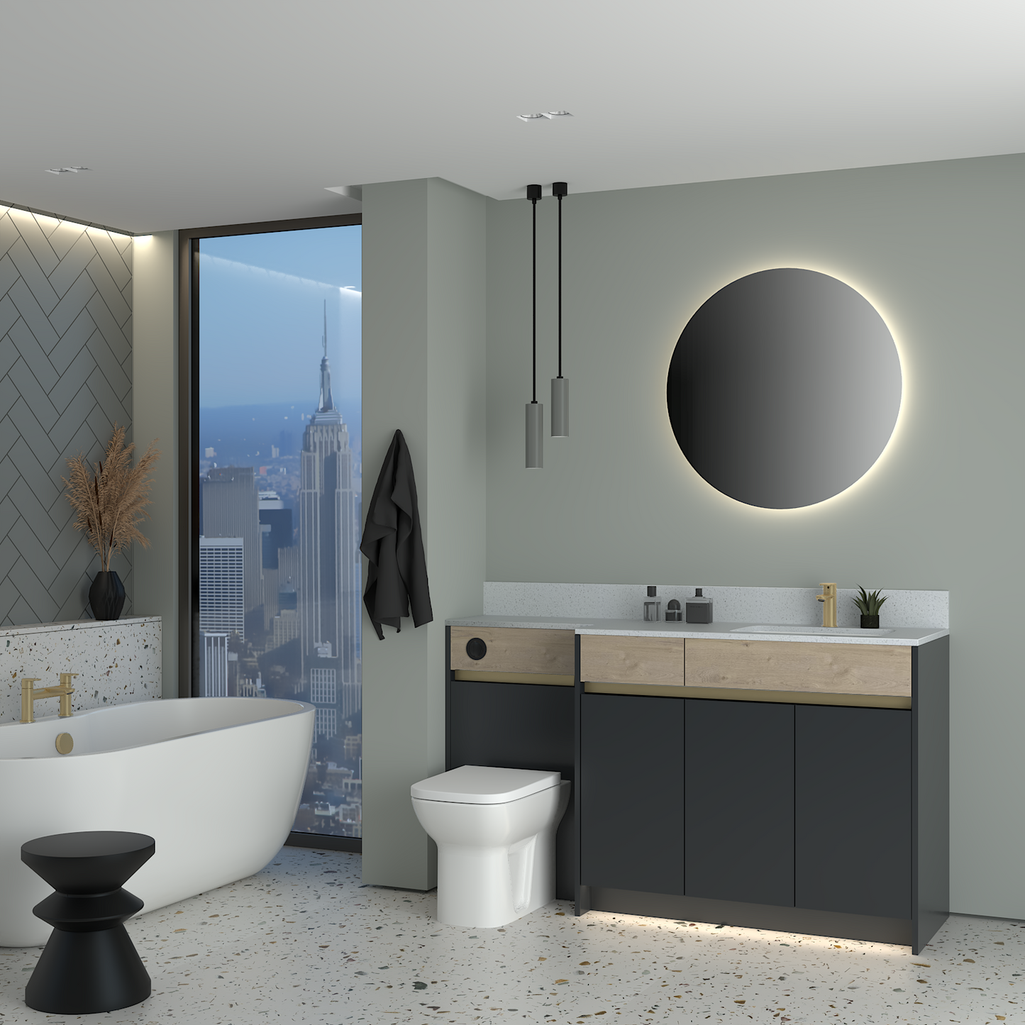 ELANA OAK / MATT WITH BRASS PROFILE & TAP BASE UNITS BATHROOM FITTED FURNITURE