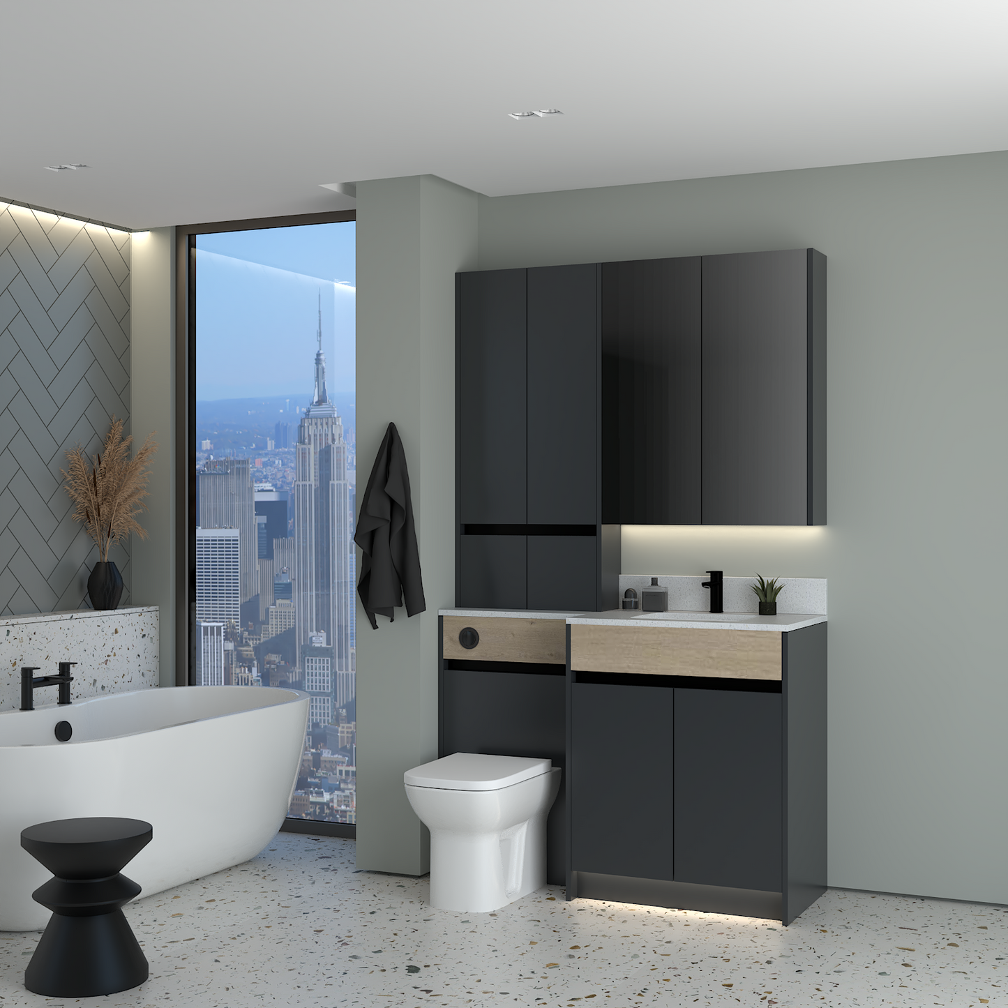 ELANA OAK / MATT WITH BLACK PROFILE & TAP BASE, TALL & WALL UNITS BATHROOM FITTED FURNITURE