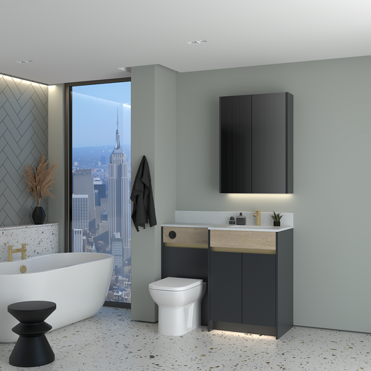 ELANA OAK / MATT WITH BRASS PROFILE & TAP BASE & WALL UNITS BATHROOM FITTED FURNITURE