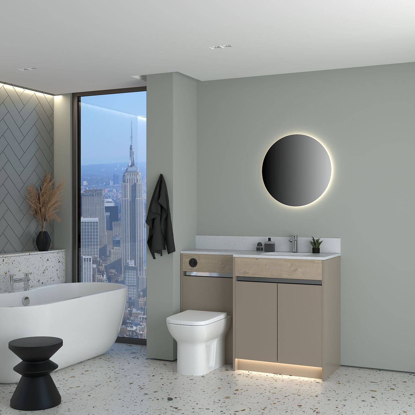 ELANA OAK / MATT WITH CHROME PROFILE & TAP BASE UNITS BATHROOM FITTED FURNITURE