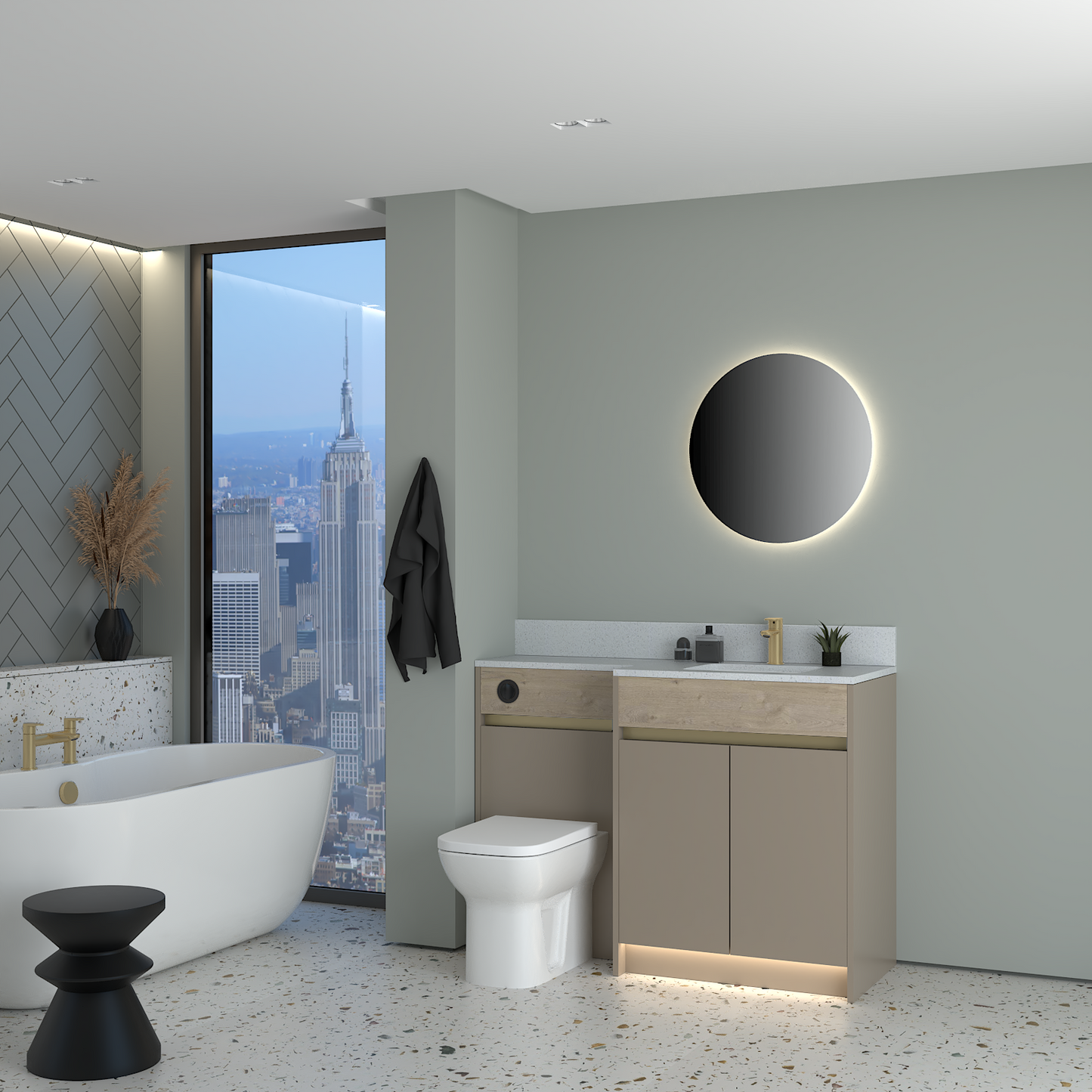 ELANA OAK / MATT WITH BRASS PROFILE & TAP BASE UNITS BATHROOM FITTED FURNITURE