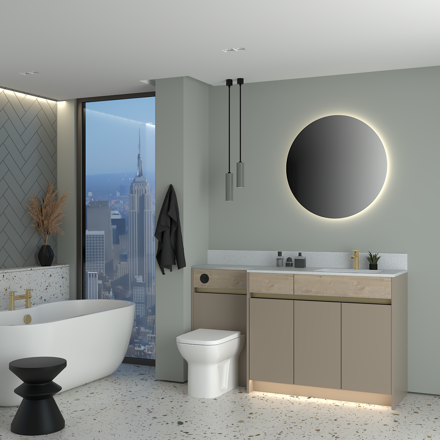 ELANA OAK / MATT WITH BRASS PROFILE & TAP BASE UNITS BATHROOM FITTED FURNITURE