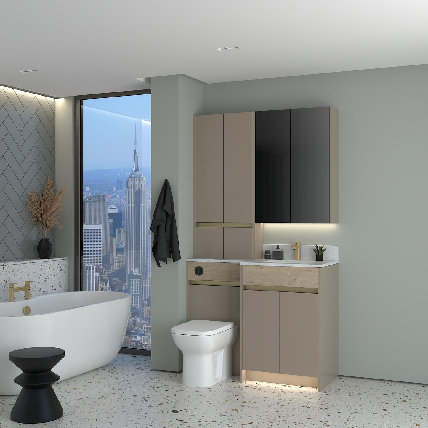 ELANA OAK / MATT WITH BRASS PROFILE & TAP BASE, TALL & WALL UNITS BATHROOM FITTED FURNITURE